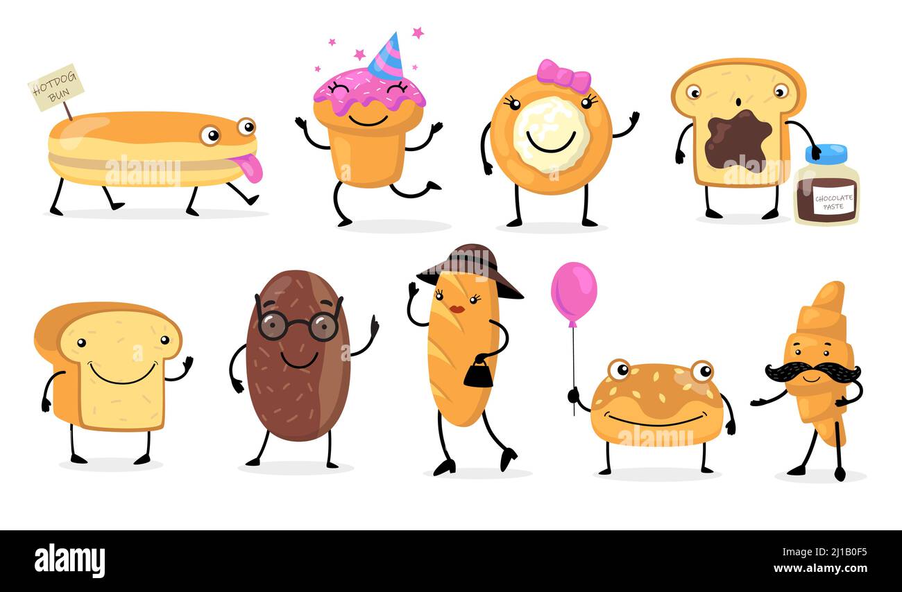 Insieme di icone piatte di vari personaggi divertenti del pane. Cartoon simpatico baguette, croissant, panini e pasticceria raccolta di illustrazioni vettoriali isolate. Brea Illustrazione Vettoriale