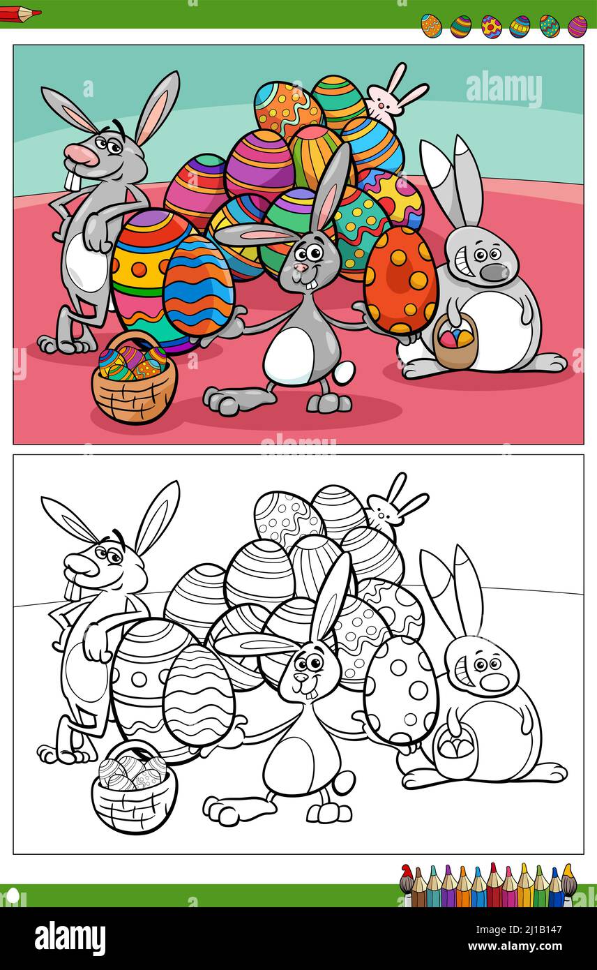 Illustrazione cartoon dei caratteri coniglietti di Pasqua felice con uova colorate pagina del libro da colorare Illustrazione Vettoriale