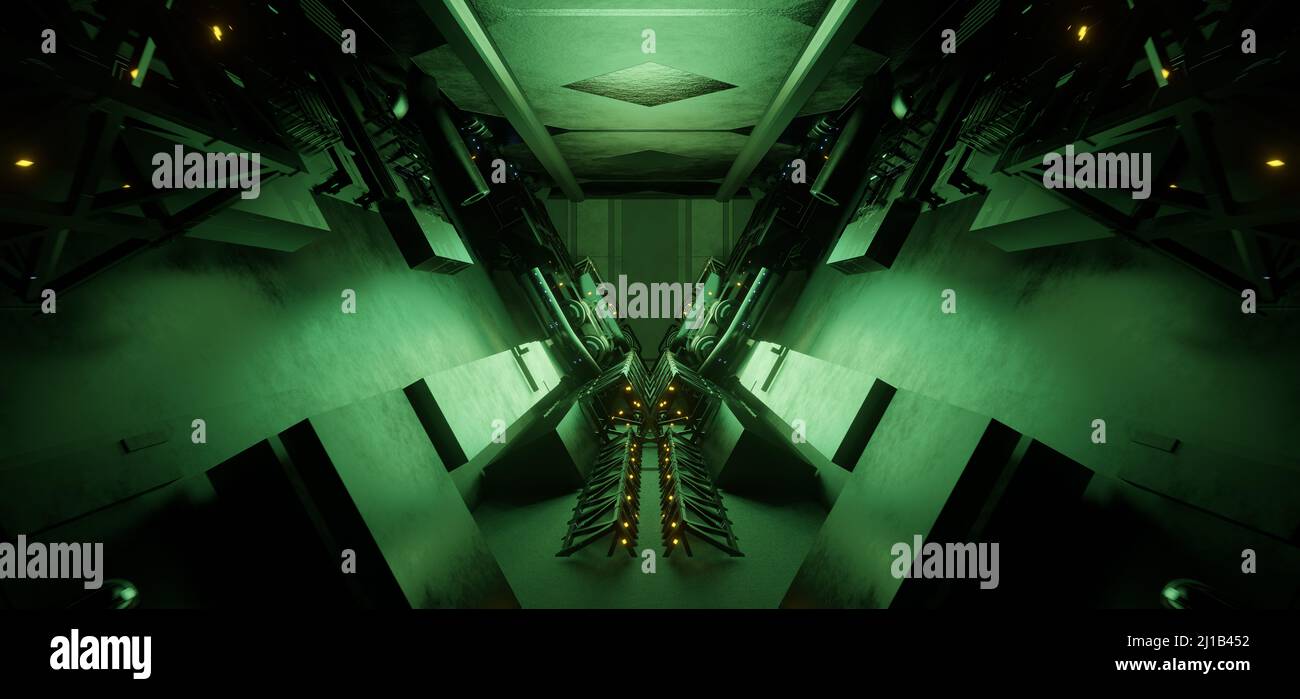 Moderno futuristico CyberSteampunk laboratorio di fisica Quantistica innovativo colore verde scuro sfondo astratto laboratorio industriale utilizzato per Clubs 3D Illustra Foto Stock