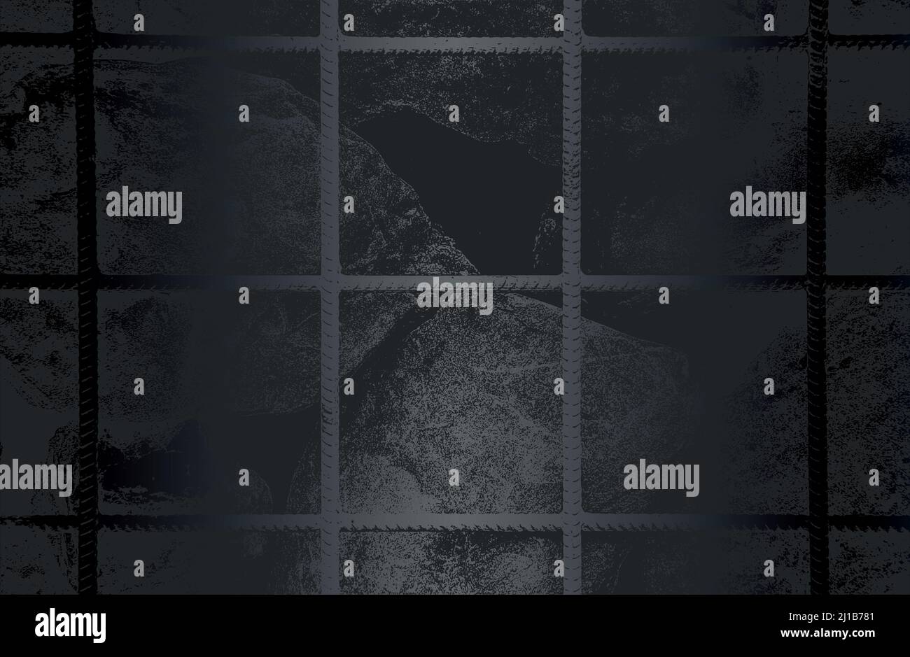 Lussuoso sfondo in metallo nero con pietre in difficoltà all'interno della rete metallica, rocce, ciottoli, texture macadam. Illustrazione vettoriale Illustrazione Vettoriale