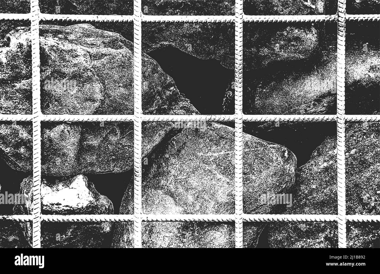 Stressata trama di pietre, rocce, ciottoli, macadam all'interno della maglia metallica, rete. Sfondo grunge. Illustrazione vettoriale astratta mezzitoni Illustrazione Vettoriale