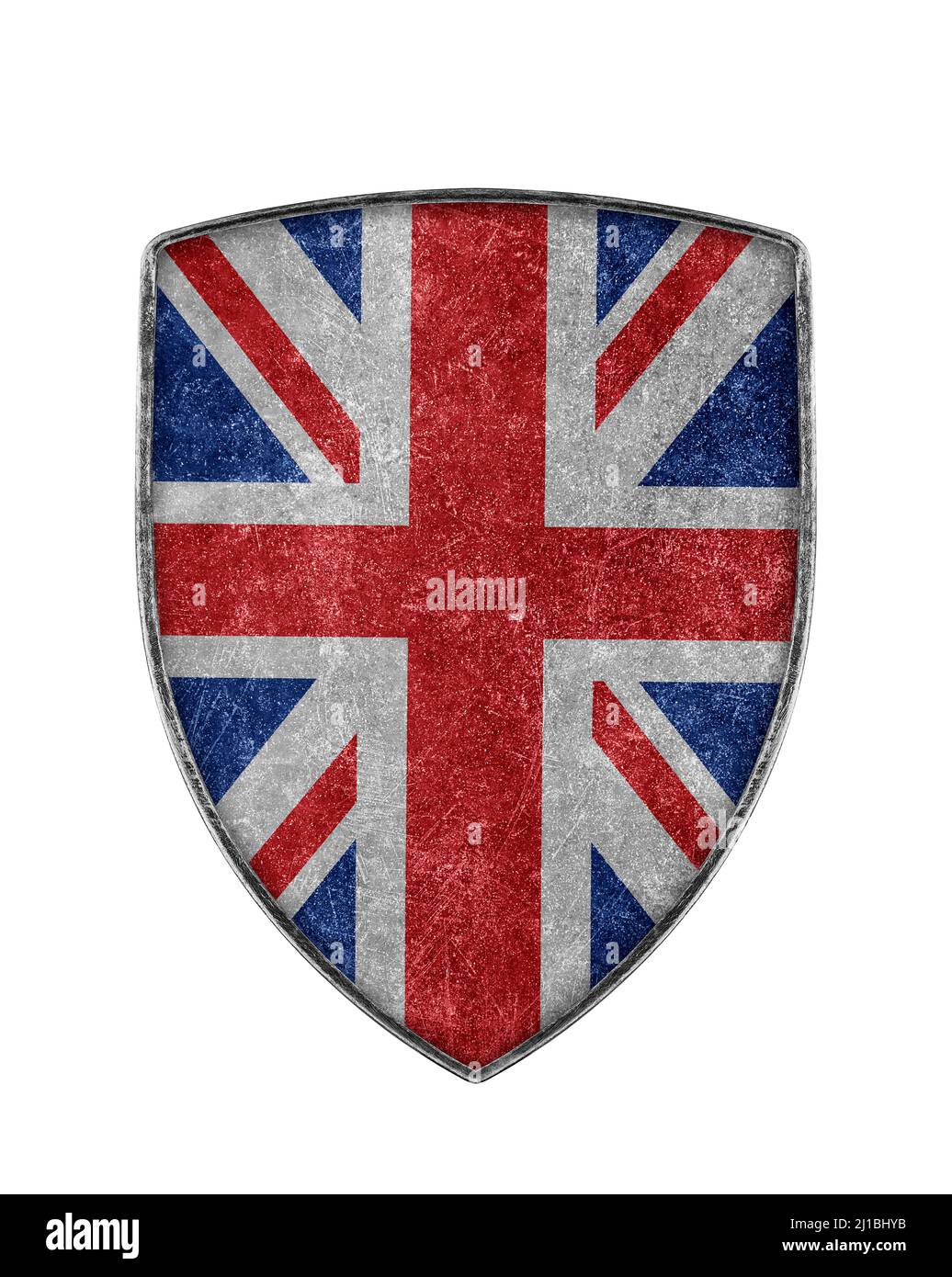 Bandiera della Gran Bretagna su scudo metallico isolato su sfondo bianco Foto Stock