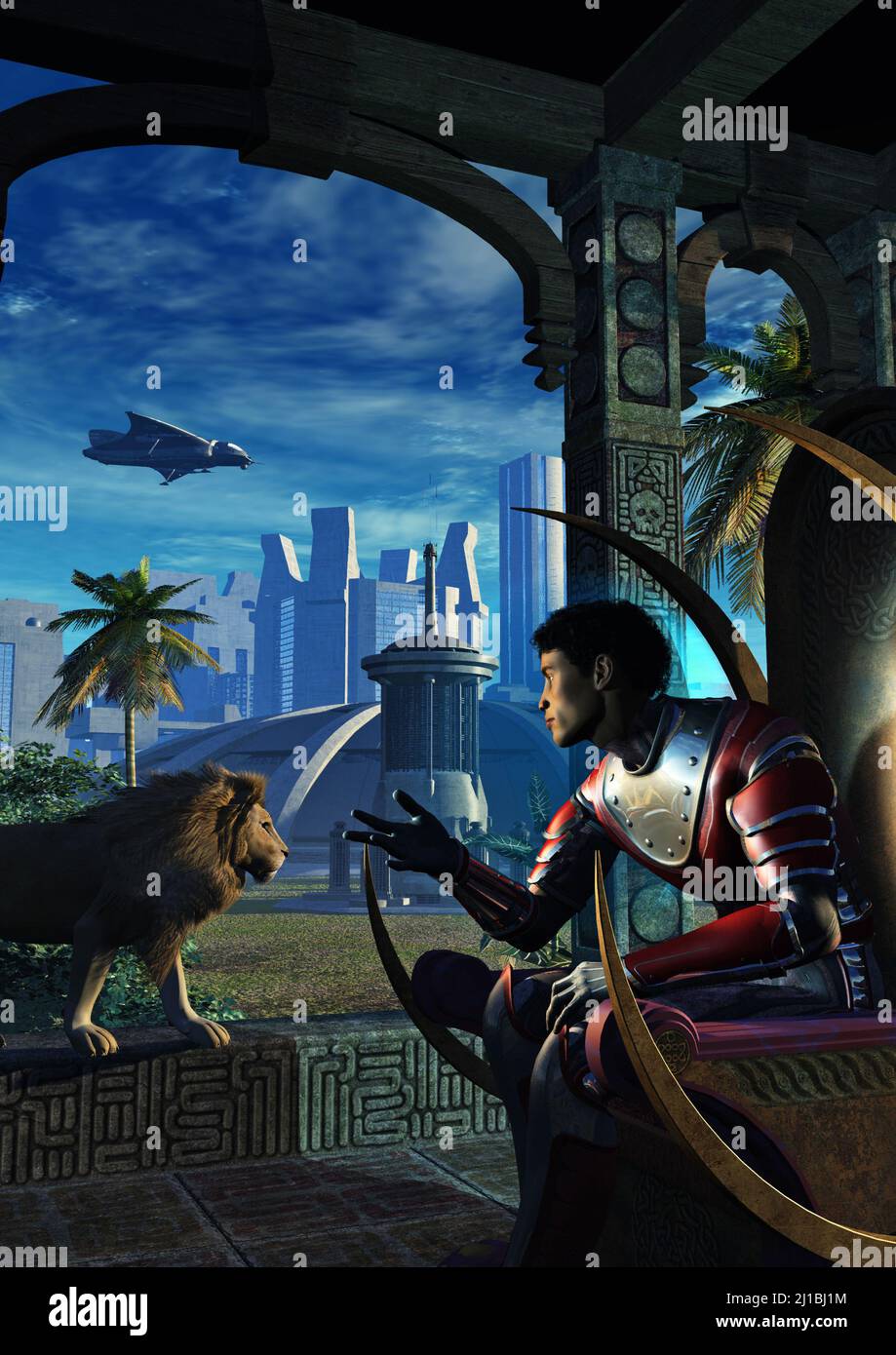 guerriero in uniforme metallizzata con un leone in una città futuristica, illustrazione del 3d Foto Stock