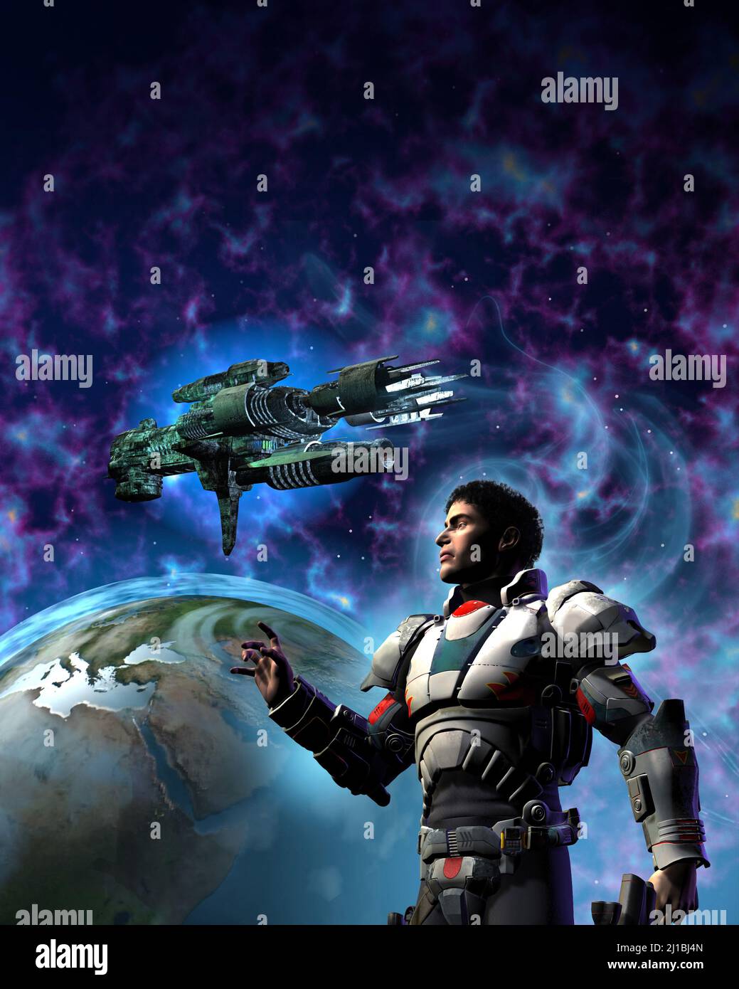 Soldato futuristico e astronave aliena orbitanti intorno alla terra, illustrazione del 3D Foto Stock