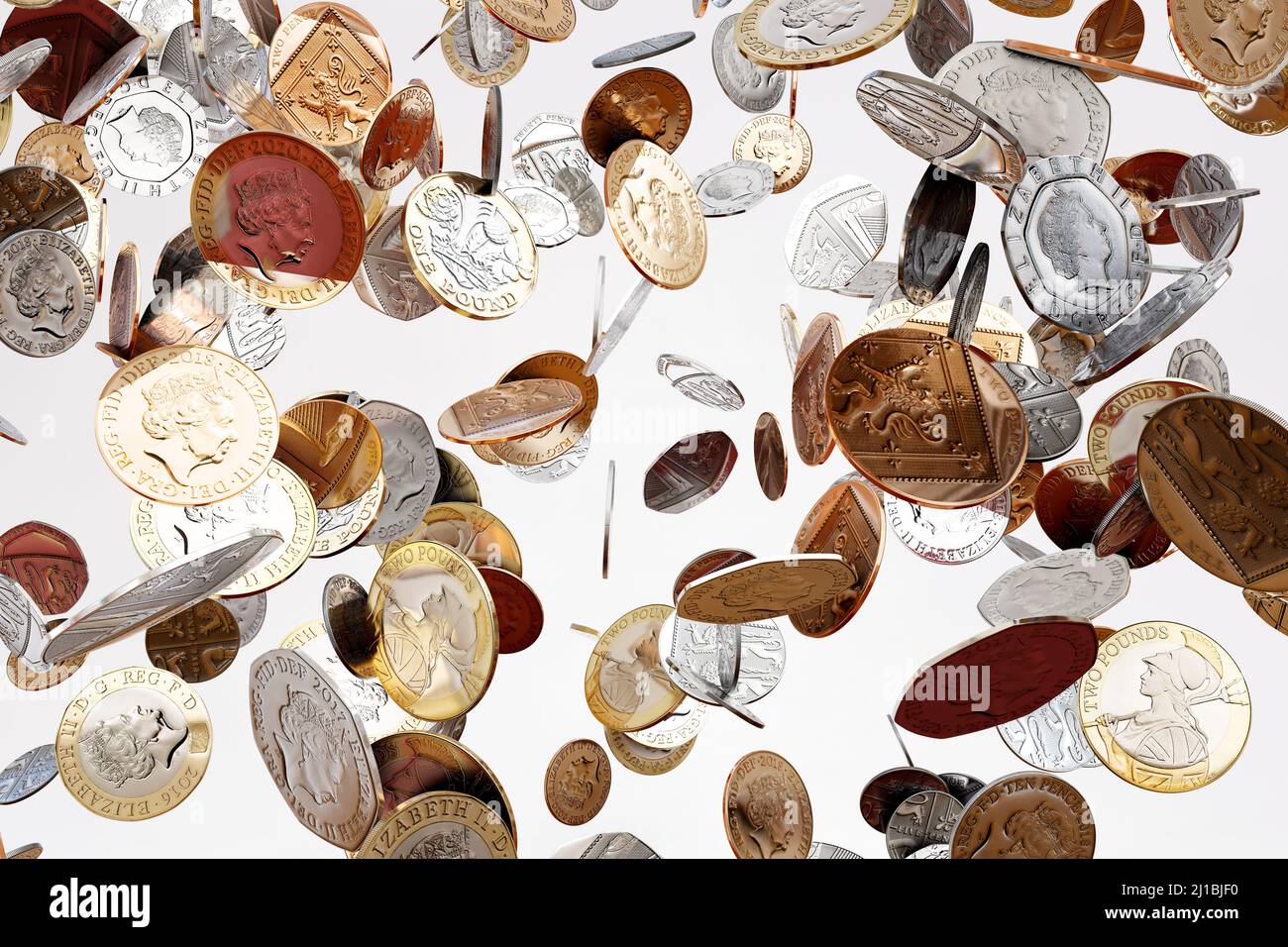 Monete in sterline inglesi e pence su sfondo bianco, illustrazione 3D Foto Stock