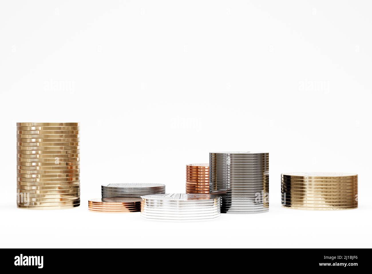 Monete in sterline inglesi e pence su sfondo bianco, illustrazione 3D Foto Stock