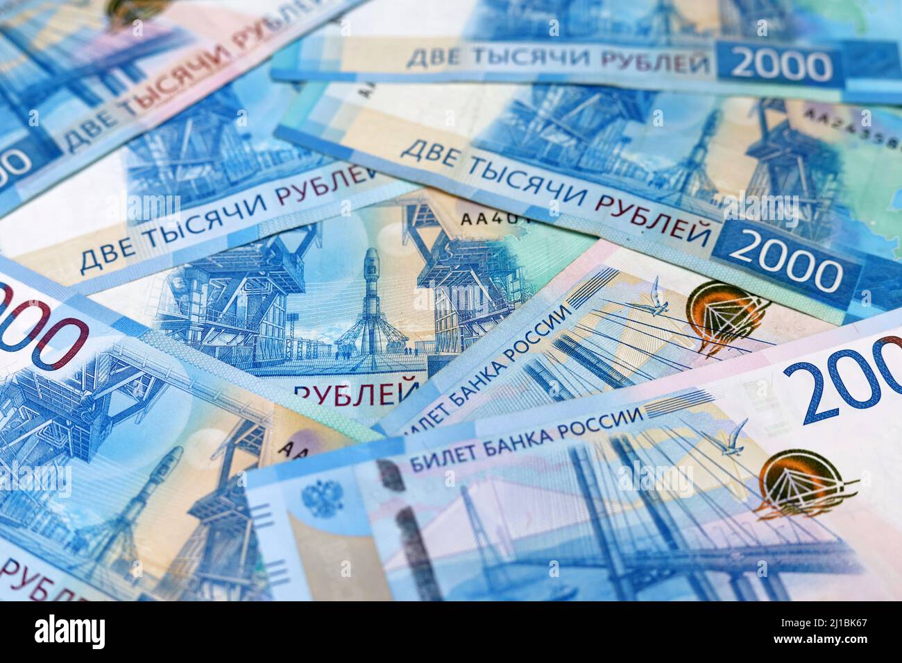 Rubli russi, valuta cartacea. Concetto di economia della Russia, tasso di cambio Foto Stock