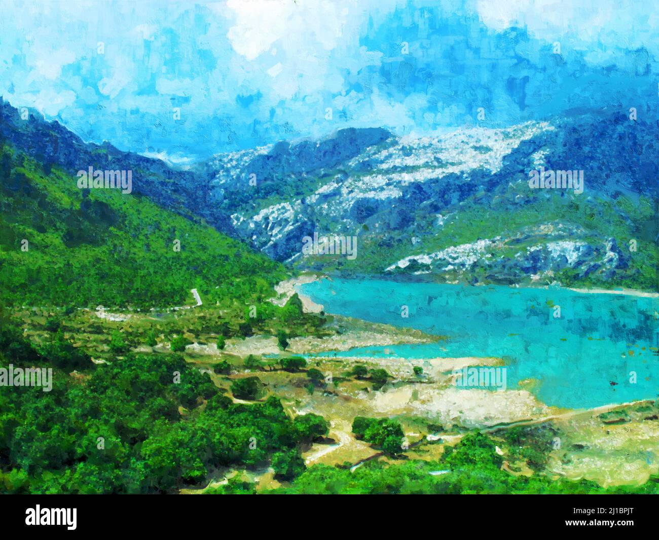 Reservoir Embalse de Cúber nelle montagne di Tramuntaner sull'isola delle Baleari Maiorca. Dipinto Foto Stock