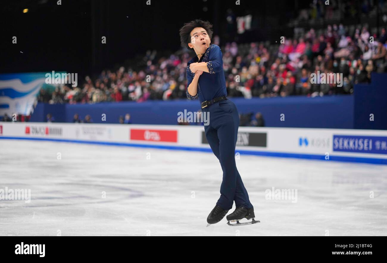 Sud de France Arena, Montpellier, Francia. 24th Mar 2022. Yuma Kagiyama dal Giappone durante il Short Program di Mens, Campionato Mondiale di Pattinaggio di figure alla Sud de France Arena, Montpellier, Francia. Kim Price/CSM/Alamy Live News Foto Stock