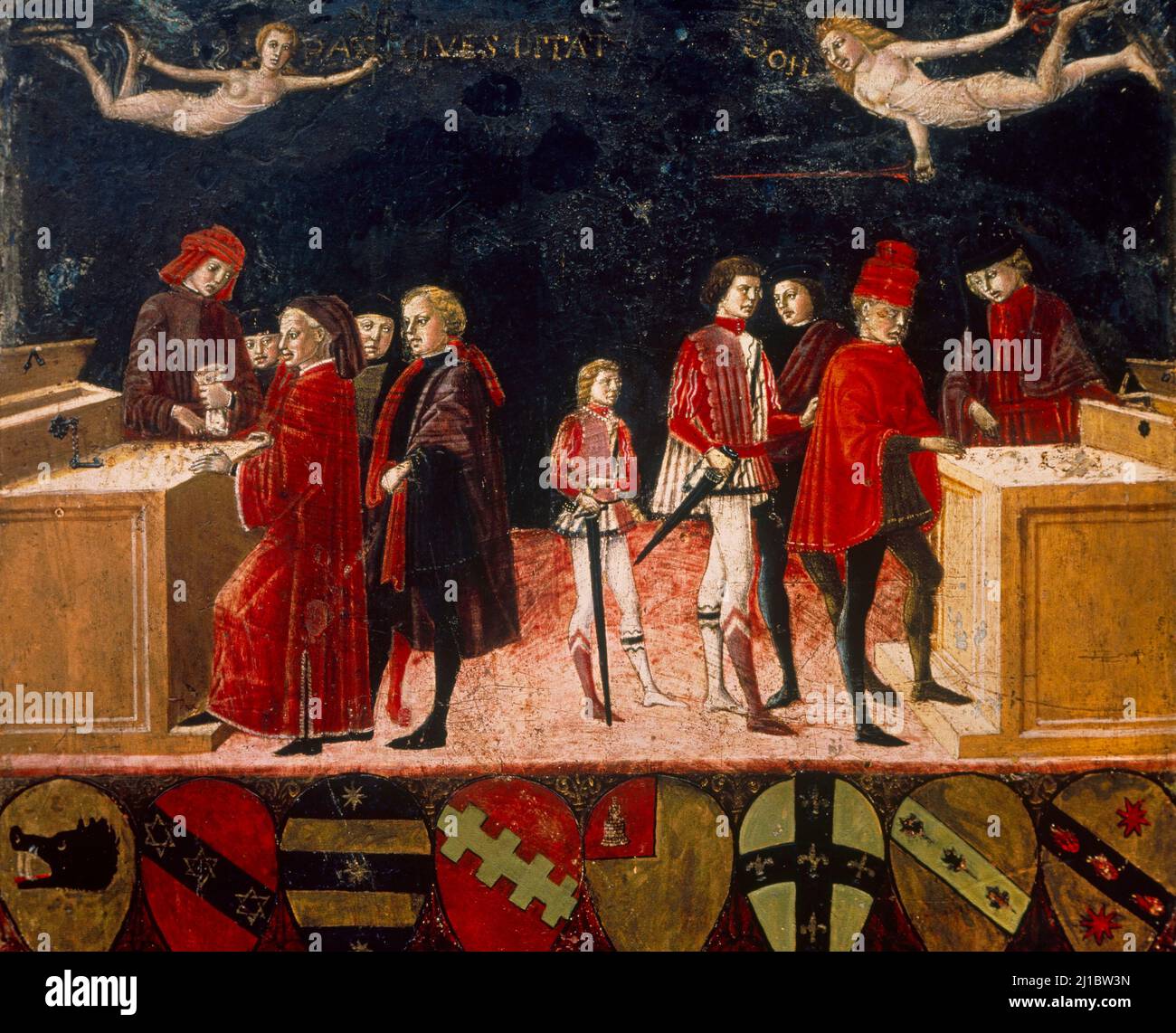 Allegoria sulle tasse a Siena in tempo di pace e di guerra di Benvenuto di Giovanni di Meo del Guasta (1436-1518) Foto Stock