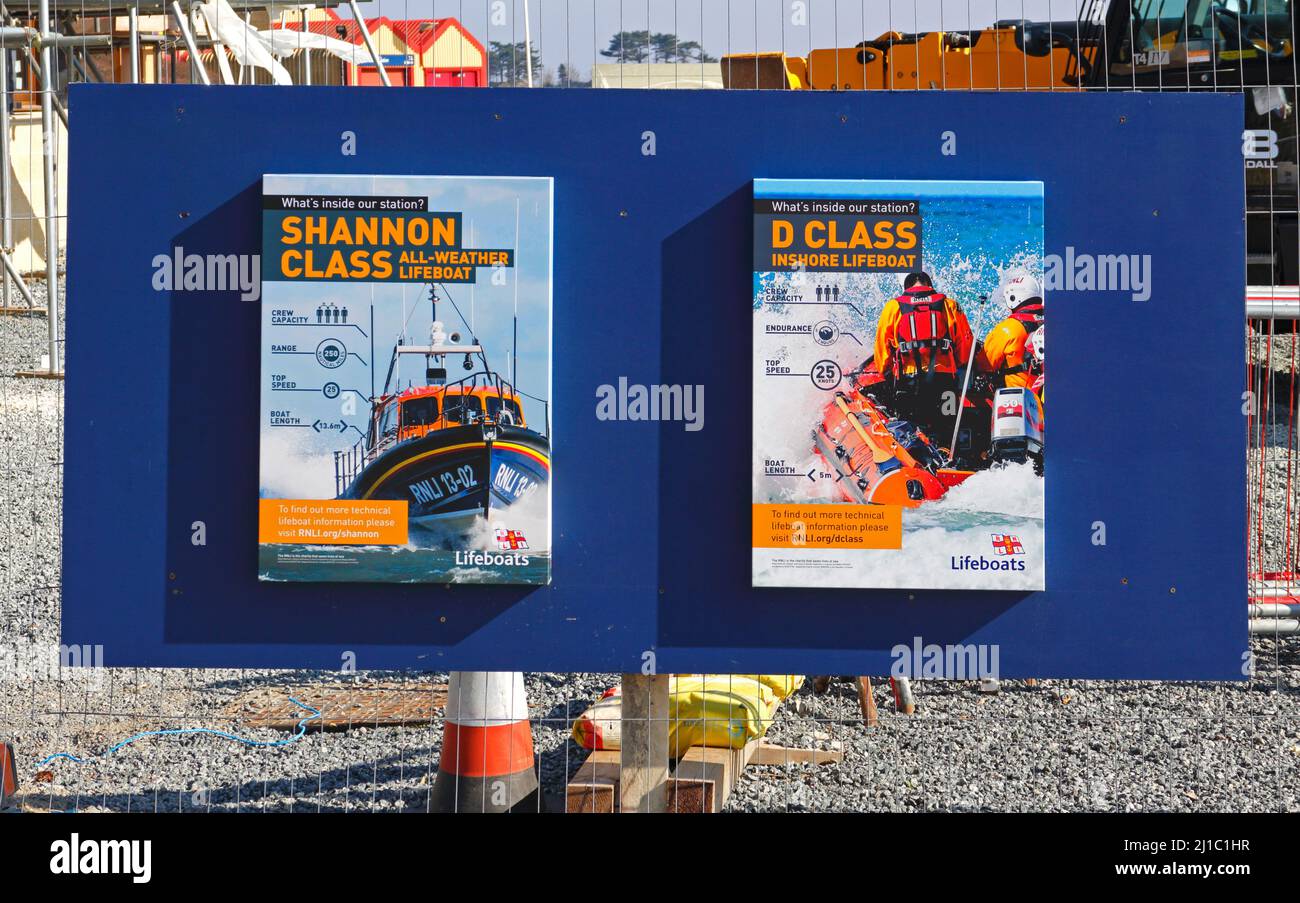 Una bacheca informativa RNLI che descrive le barche di salvataggio da ospitare nel nuovo capannone di barche di salvataggio a Wells-Next-the-Sea, Norfolk, Inghilterra, Regno Unito. Foto Stock