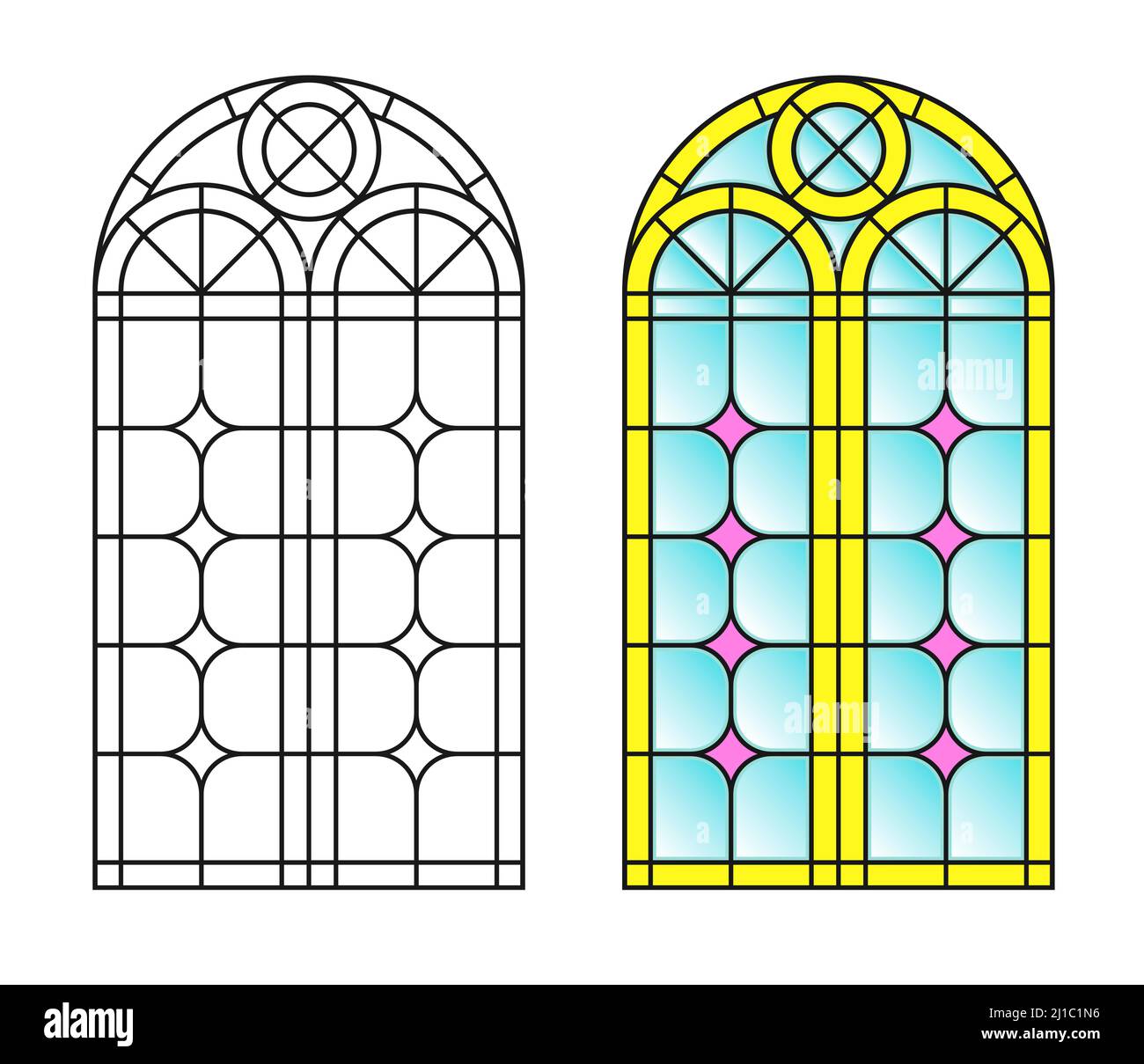 Vecchia finestra ad arco con vetrate colorate Illustrazione Vettoriale