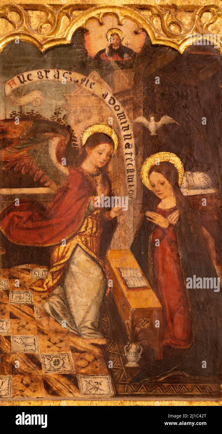 VALENCIA, SPAGNA - 14 FEBBRAIO 2022: Il dipinto dell'Annunciazione nella Cattedrale - Basilica dell'Assunzione di nostra Signora di Juan de Juanes Foto Stock