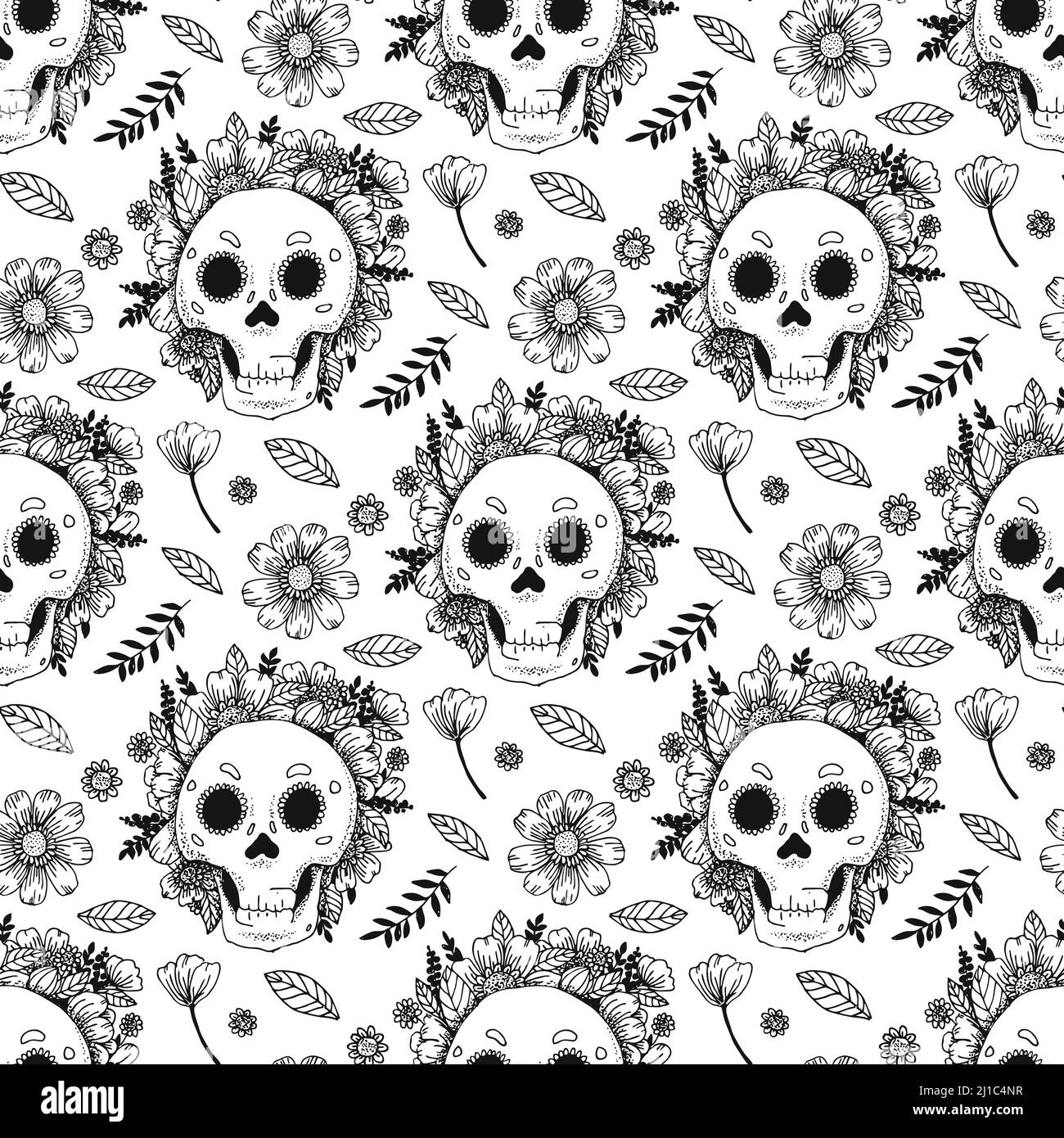 Teschi e piante con fiori vettore senza cuciture pattern. Illustrazione Vettoriale