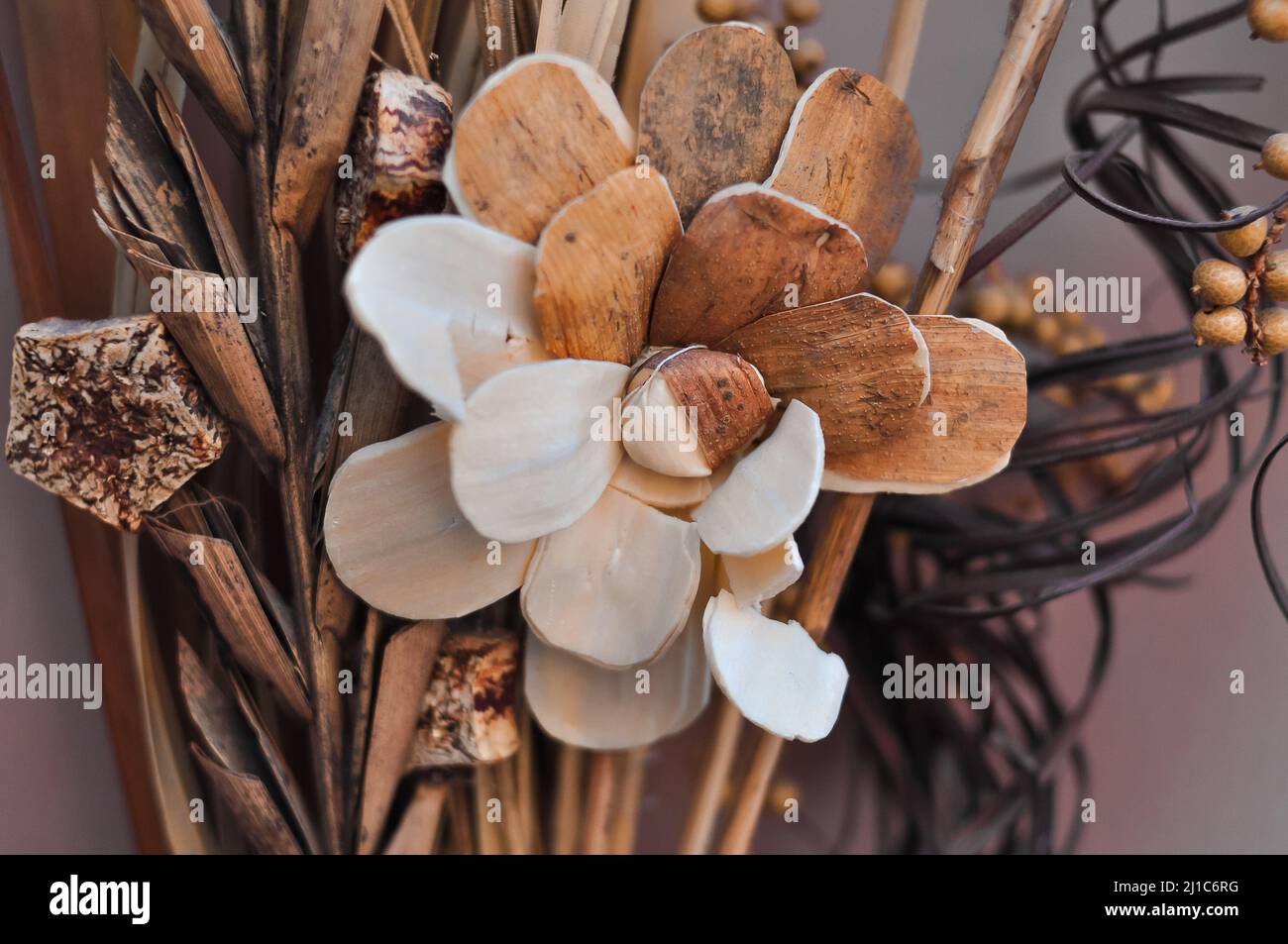 Primo piano di bouquet di fiori secchi marroni sfondo e carta da parati Foto Stock