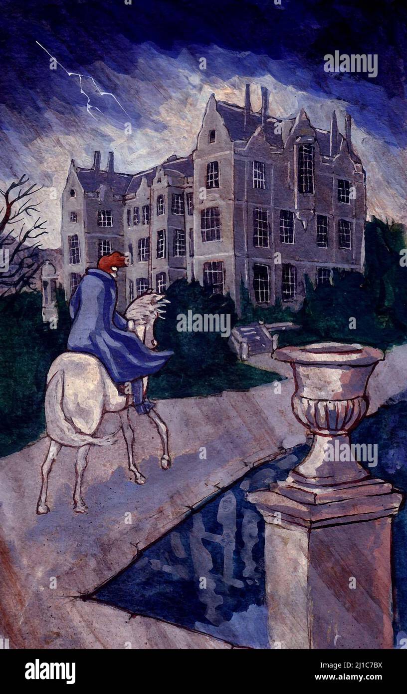 Libro copertina illustrazione uomo su cavallo avvicinarsi a una moody 1800s palazzo gotico, caduta della Casa di Usher, l'abbazia di Northanger, il giro della vite Foto Stock