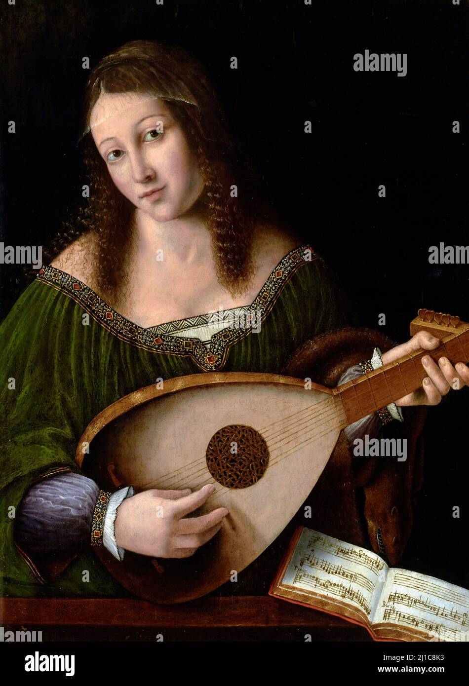 Lady Playing a Lute di Bartolomeo Veneto (attivo dal 1502 al 31), olio su pannello, c.. 1530 Foto Stock