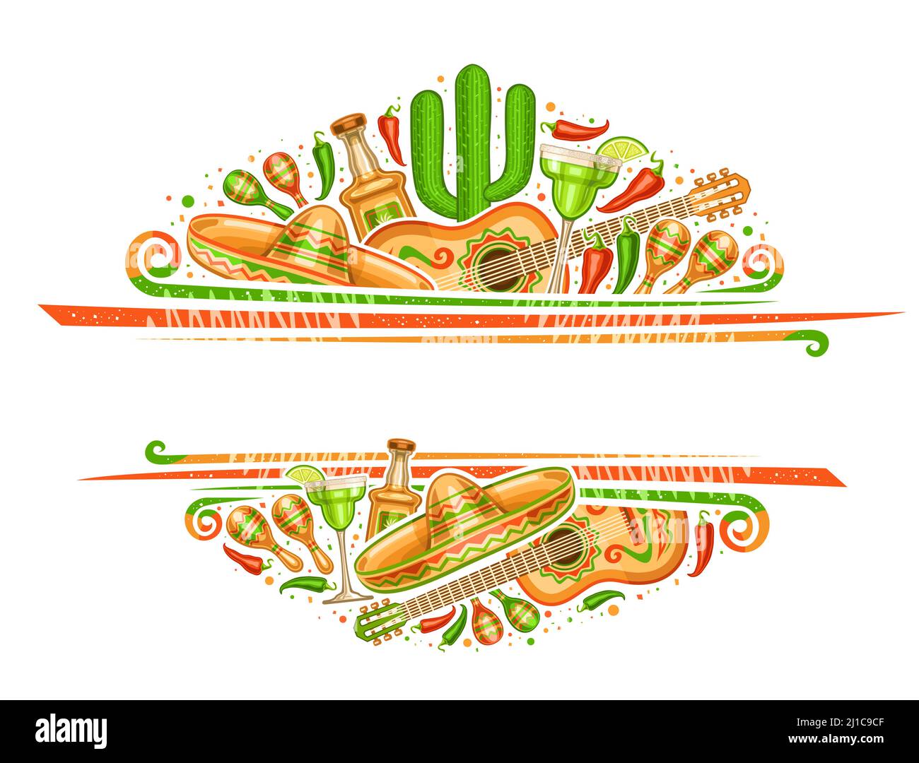 Bordo vettoriale per Cinco de Mayo con copyspace per testo, voucher decorativo con illustrazione di strumenti musicali messicani, peperoncino rosso e verde Illustrazione Vettoriale