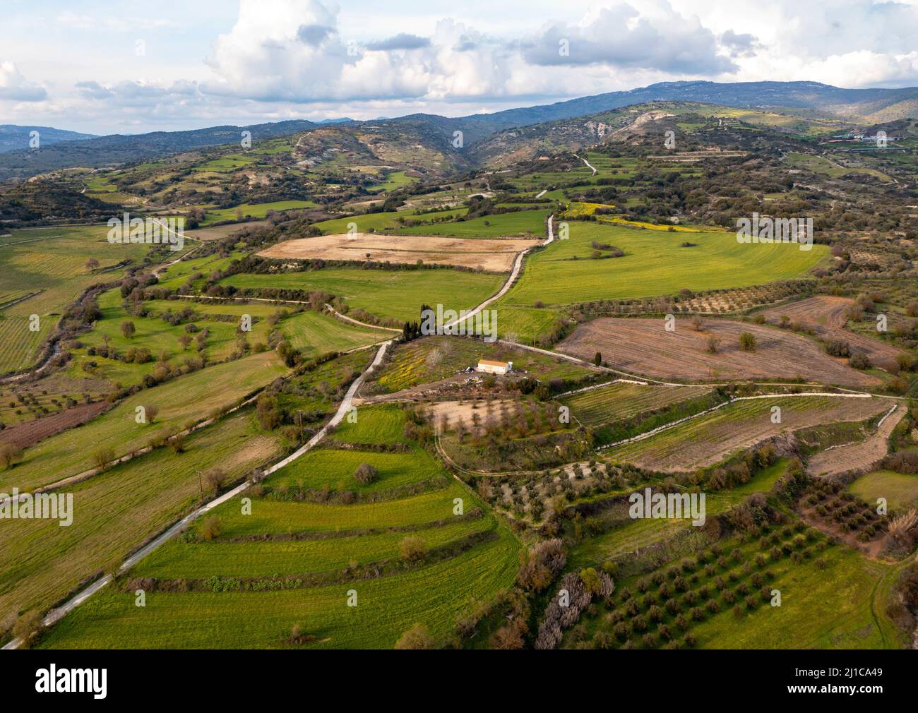 Vista aerea che mostra il paesaggio tipico della regione viticola della valle di Ezousa, distretto di Pafos, Cipro Foto Stock