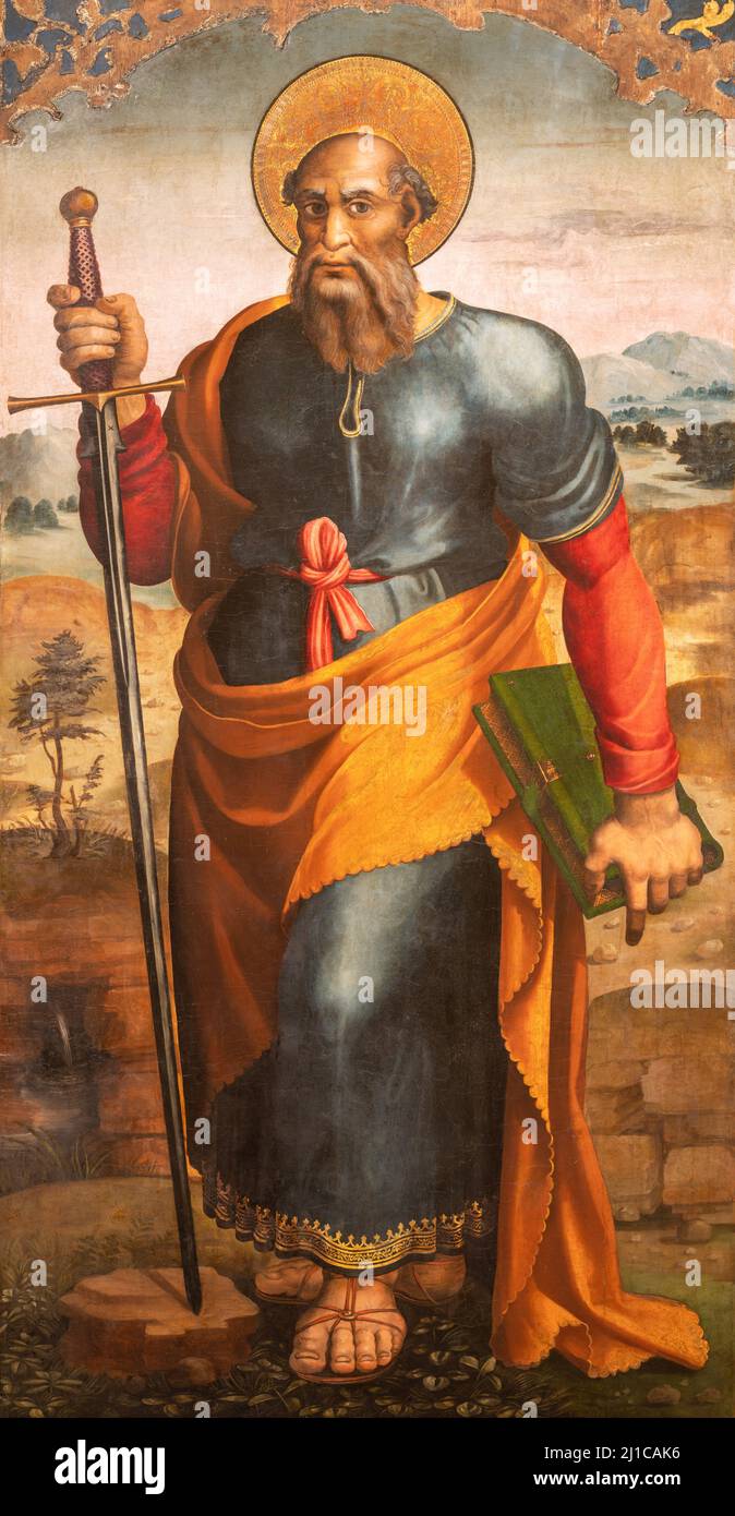 VALENCIA, SPAGNA - 14 FEBBRAIO 2022: Il dipinto di San Paolo Apostolo nella Cattedrale di ignoto artista del 16. Foto Stock