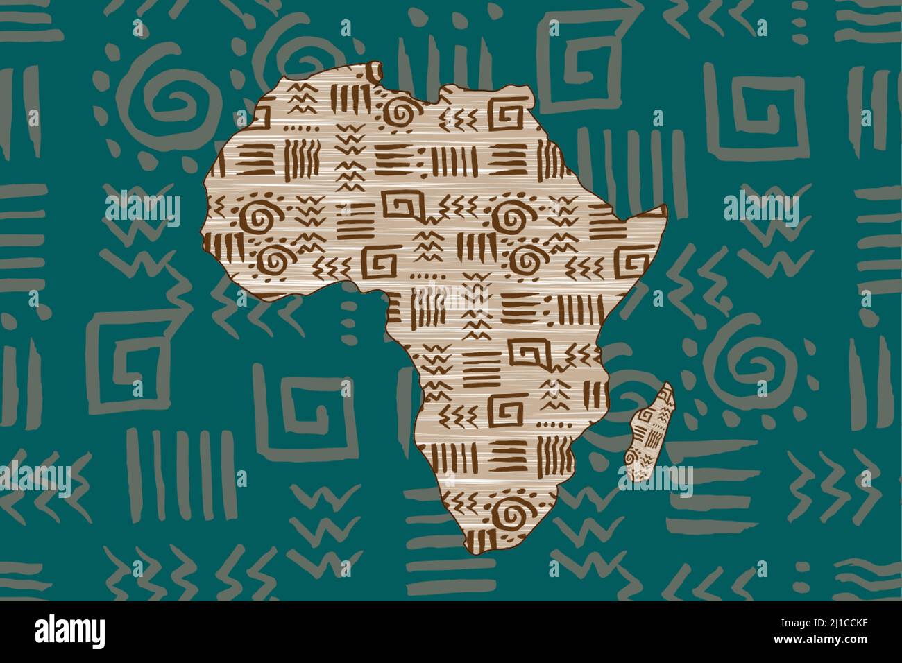 Africa mappa modellata e frame motivi etnici. Banner senza giunture con motivo tradizionale tribale africano grunge, elementi, concept design. Vettore etnico Illustrazione Vettoriale