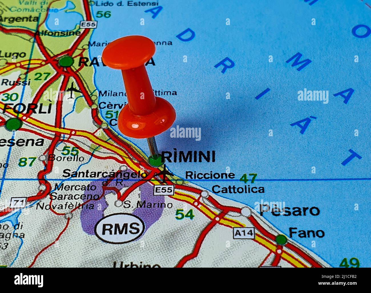 La posizione della città italiana di Rimini sulla mappa Foto Stock
