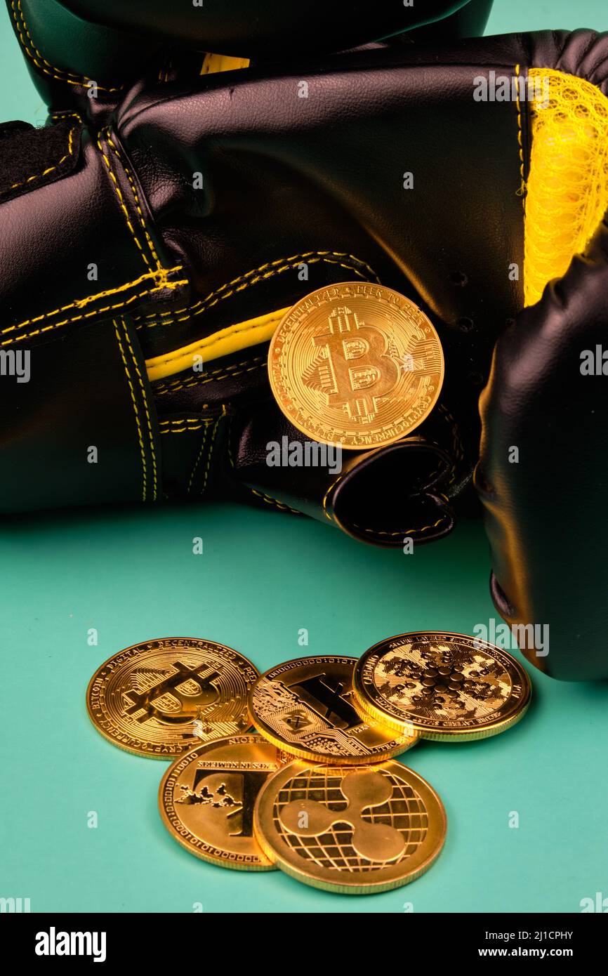 Token di criptovaluta, come dogecoina, bitcoin, litecoina ed eterero con alcuni guanti da boxe e sfondo verde. Foto Stock