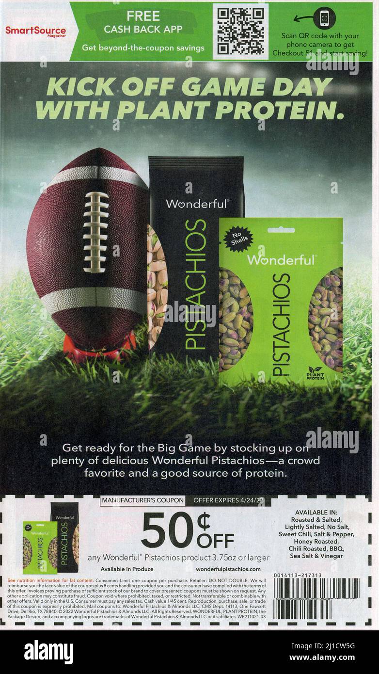 I meravigliosi Pistacchi offrono un buono sconto del 50¢ durante la stagione calcistica, USA 2022 Foto Stock