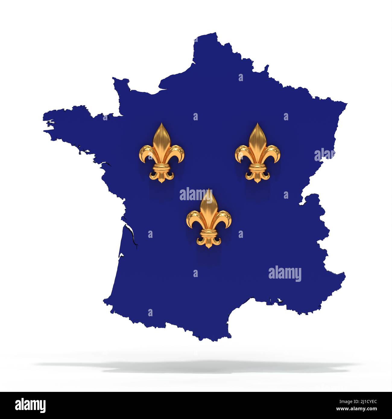 Mappa blu francia con 3 fleur de lys d'oro - bandiera francese antica - 3D rendering Foto Stock