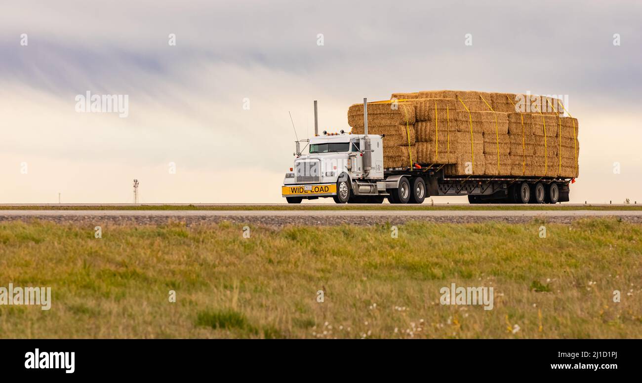 Camion di carico sulla strada in una zona rurale. Vista stradale, foto di viaggio, messa a fuoco selettiva, nessuno, spazio di copia per il testo. 28,2021 settembre - Calgary, AB, C. Foto Stock