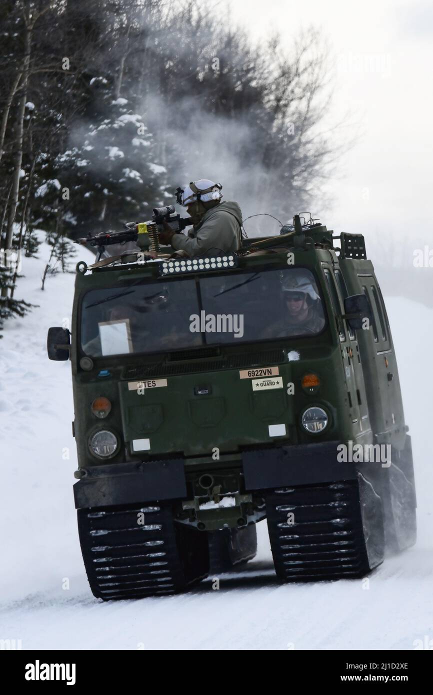 Forze opposte i soldati utilizzano un veicolo di supporto per piccole unità per attaccare le forze del Battaglione del 3rd, reggimento di fanteria del 21st nella Donnelly Training Area durante il Joint Pacific Multinational Readiness Center 22-02, 22 marzo 2022. Questo esercizio è stato progettato per convalidare la squadra di combattimento di Stryker Brigade 1st dell'esercito degli Stati Uniti in Alaska, la formazione, la preparazione e le capacità di 25th Infantry Division per il freddo. (Foto esercito/John Pennell) Foto Stock