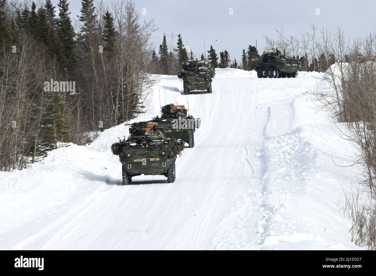 I veicoli Stryker del Battaglione 3rd, 21st Regiment di fanteria si muovono lungo una strada nevosa nella Donnelly Training Area durante il Joint Pacific Multinational Readiness Center 22-02, 22 marzo 2022. Questo esercizio è stato progettato per convalidare la squadra di combattimento di Stryker Brigade 1st dell'esercito degli Stati Uniti in Alaska, la formazione, la preparazione e le capacità di 25th Infantry Division per il freddo. (Foto esercito/John Pennell) Foto Stock