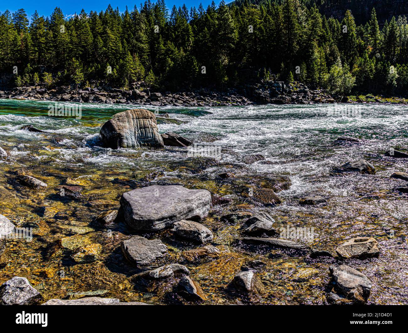 Rapide e massi sul fiume Kootenai, Lincoln County, Montana, USA Foto Stock