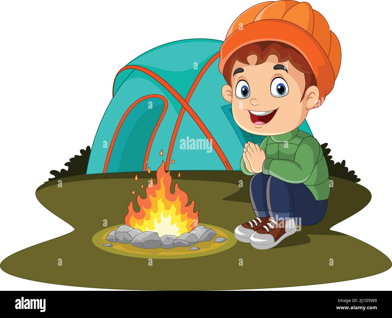 Cartoon piccolo ragazzo campeggio vicino al fuoco e tenda Illustrazione Vettoriale