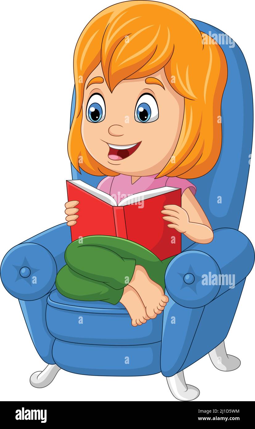 Cartoon bambina leggere un libro seduto sul divano Illustrazione Vettoriale