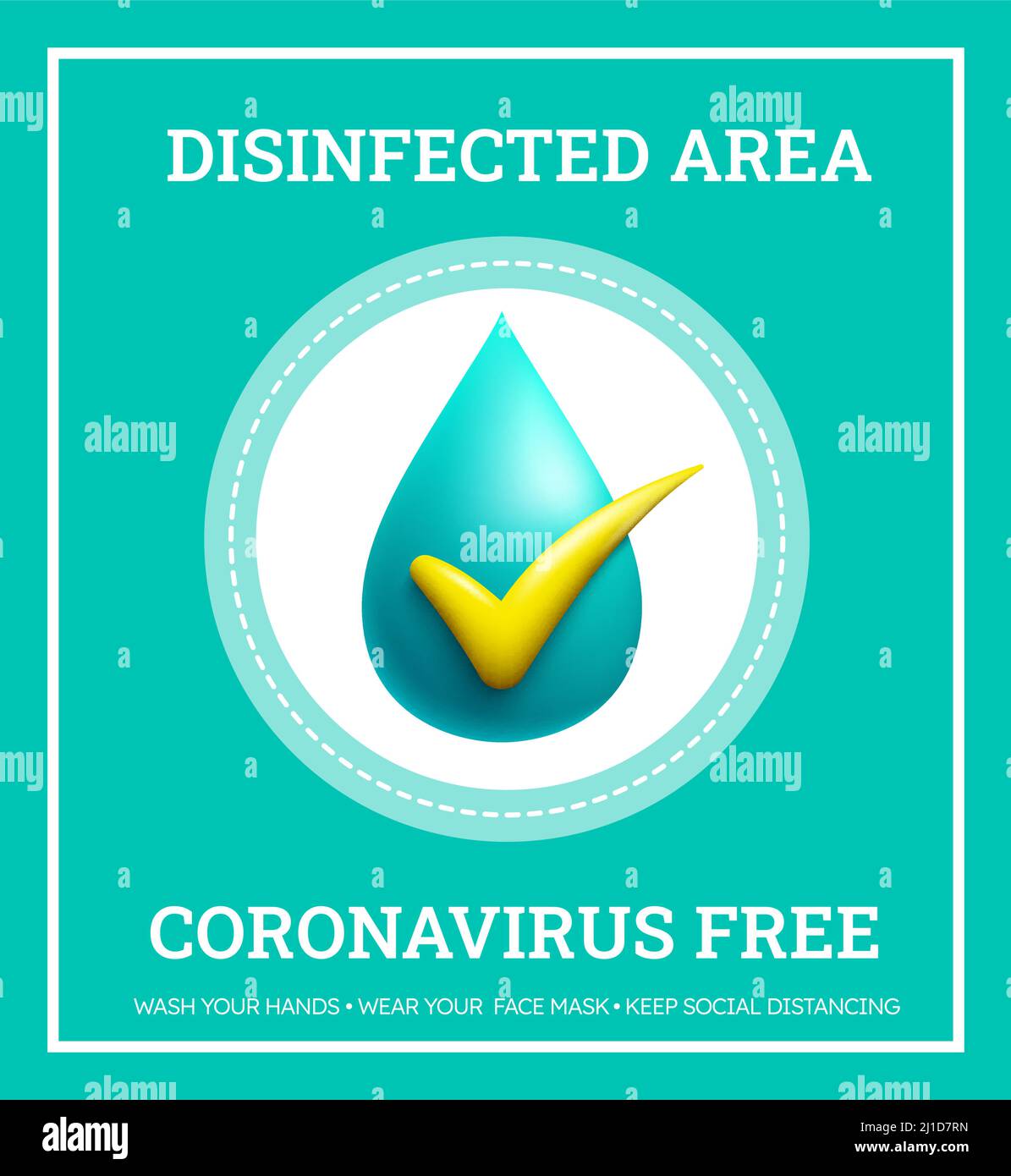 Design vettoriale privo di coronavirus. Testo dell'area libera e disinfettata Covid con simbolo di sicurezza e pulito per una nuova posizione normale sicura e pulita. Illustrazione Vettoriale