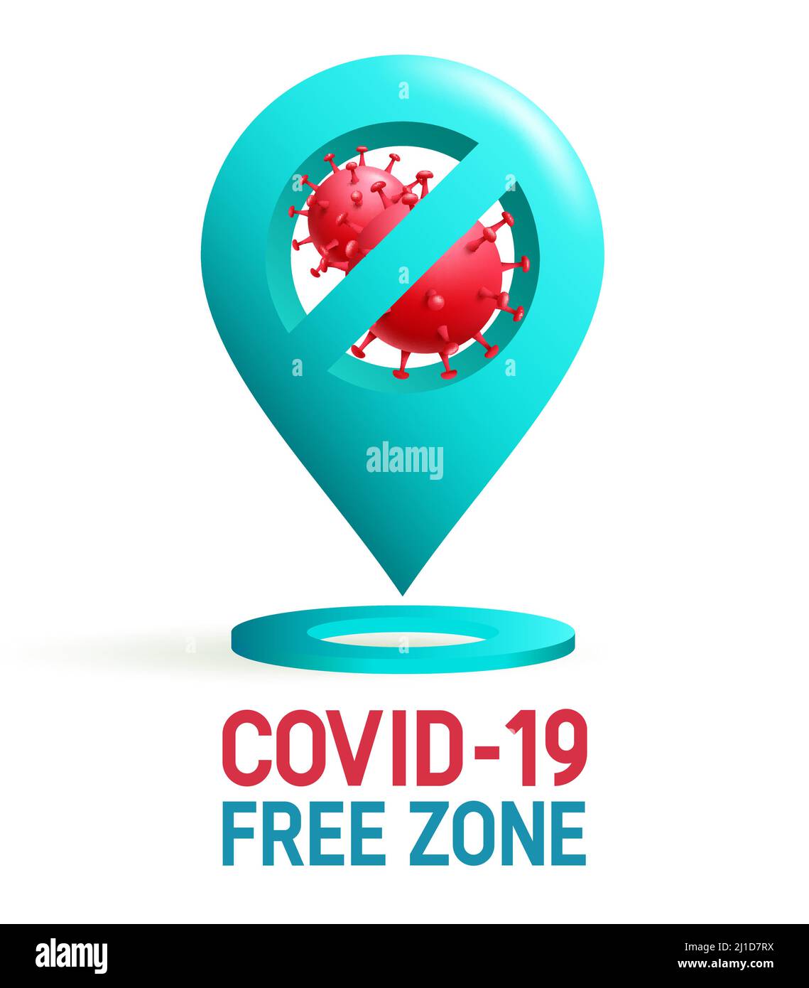 Disegno libero del manifesto del vettore di Covid. Testo della zona libera Covid-19 con posizione di sicurezza e simbolo dell'icona di protezione dai virus per un luogo pubblico pulito e sicuro. Illustrazione Vettoriale