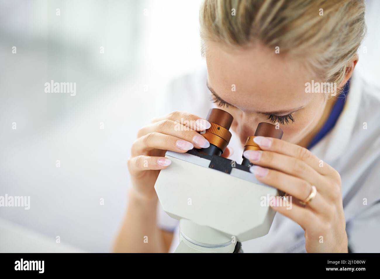 Theres un mondo nascosto dentro ogni organismo.... Scatto di una bella donna in un laboratorio che lavora con un microscopio. Foto Stock