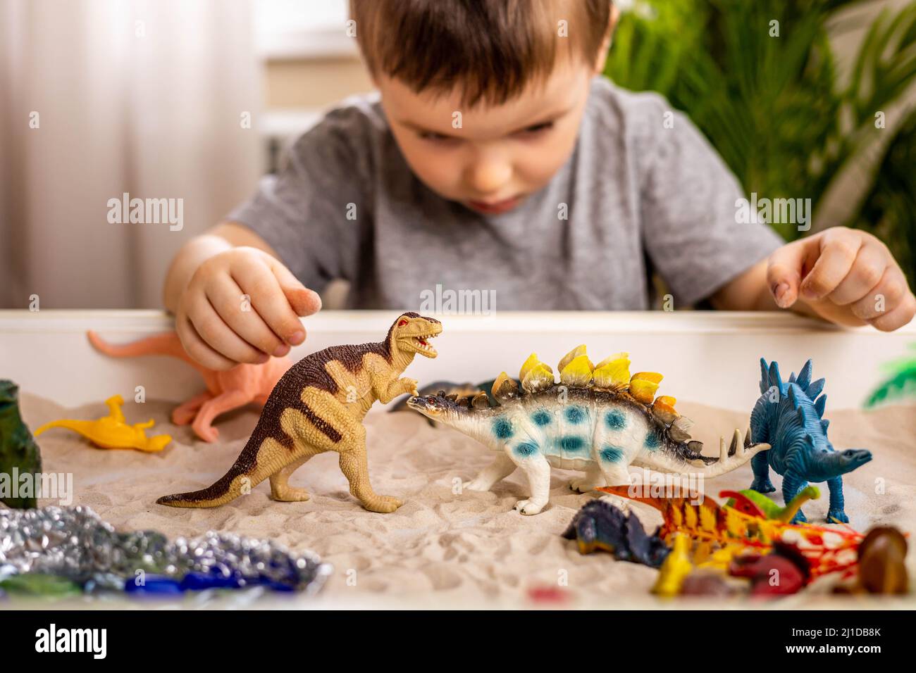 Sicuro bambino ragazzo carino giocare carnivori e dinosauri erbivori gioco di sviluppo iniziale Foto Stock