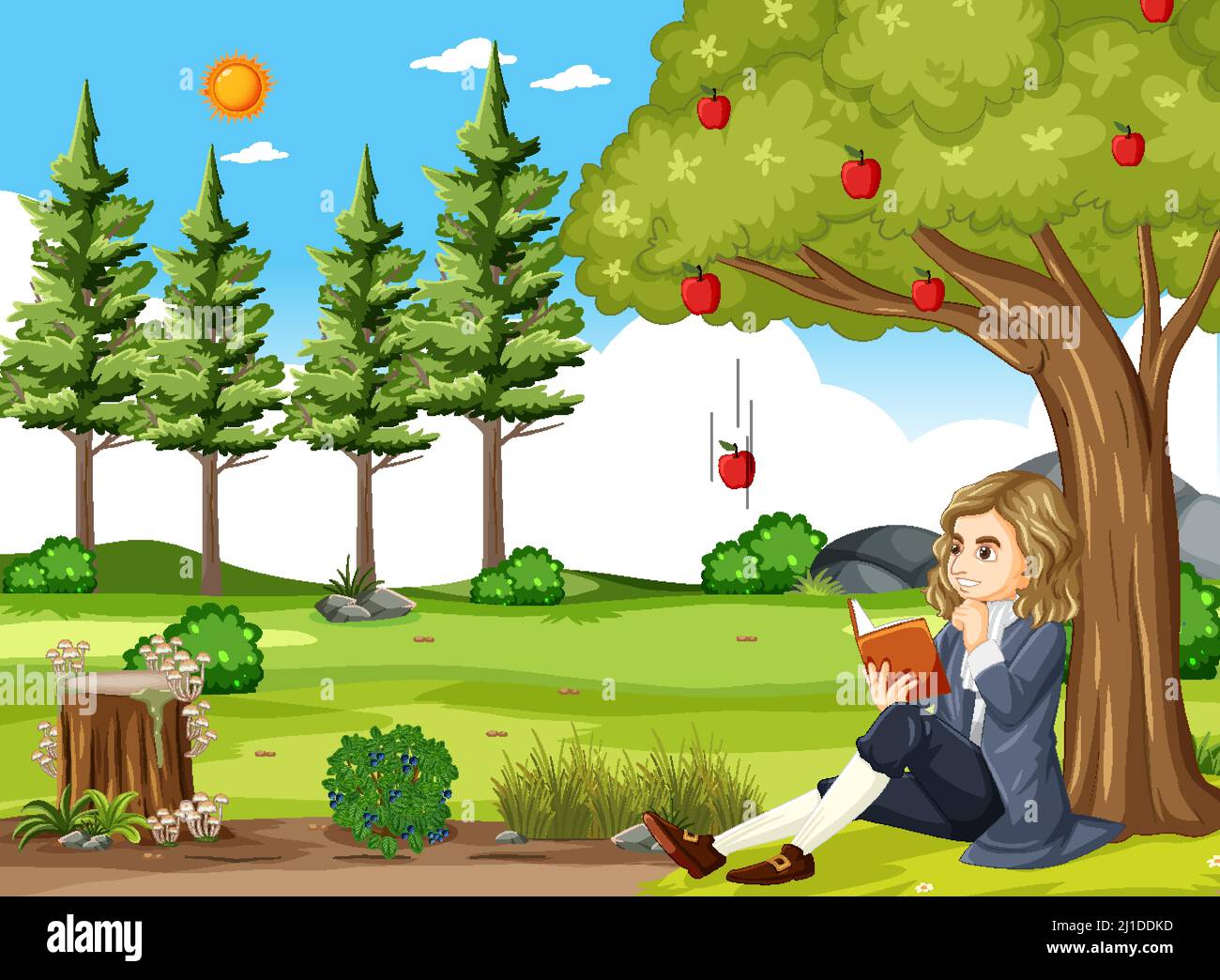 Isaac Newton seduto sotto l'illustrazione dell'albero della mela Illustrazione Vettoriale