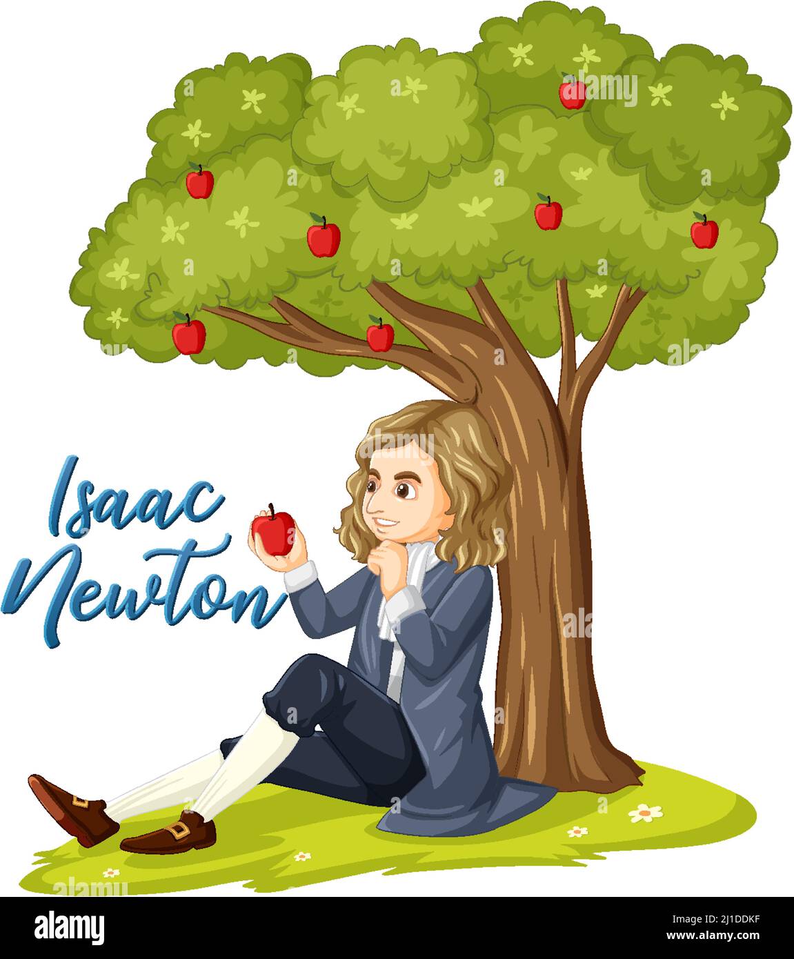 Isaac Newton seduto sotto l'illustrazione dell'albero della mela Illustrazione Vettoriale
