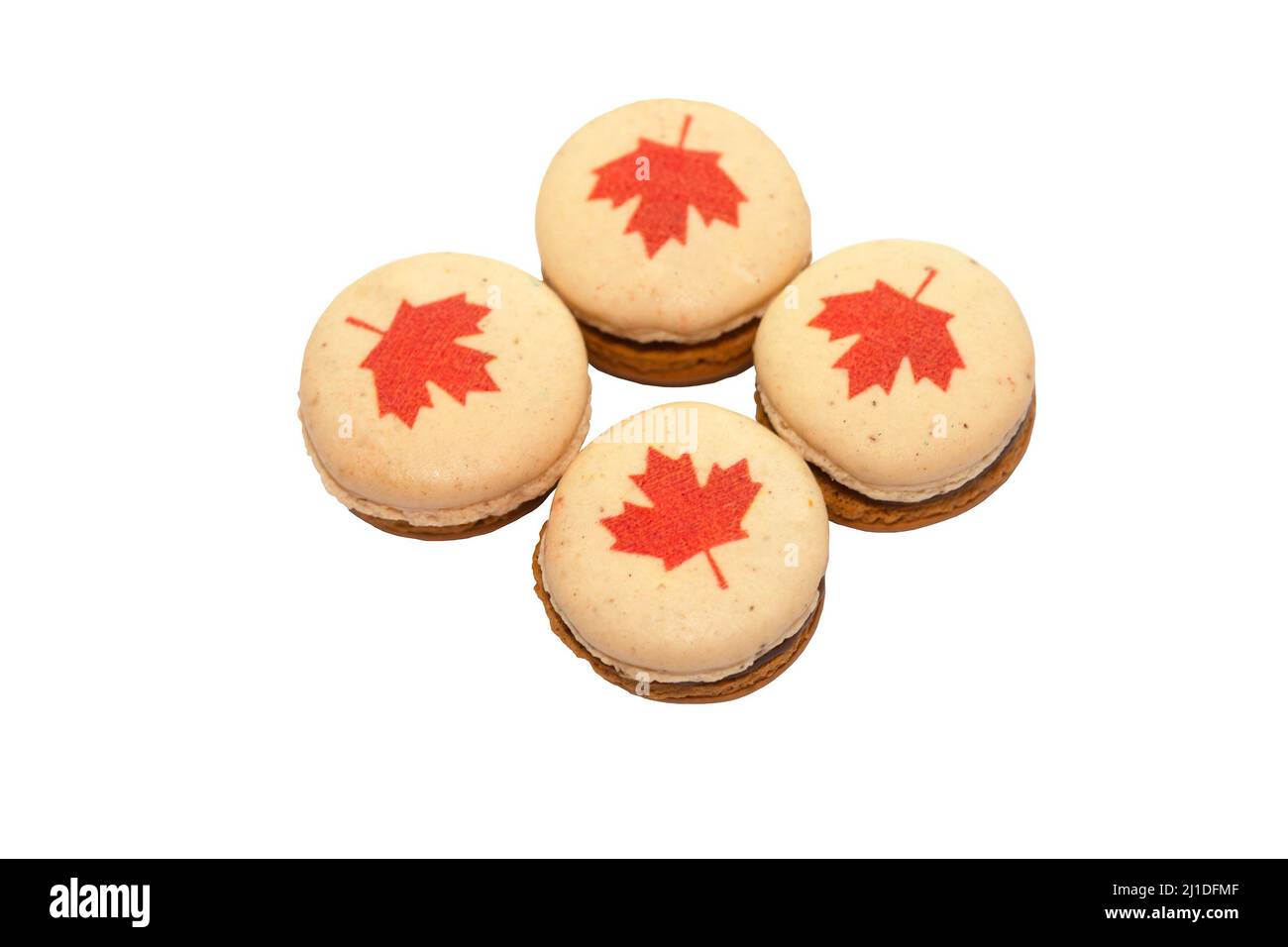 Macaroni decorati con foglie di acero rosso, realizzati per il Canada Day, su sfondo bianco Foto Stock