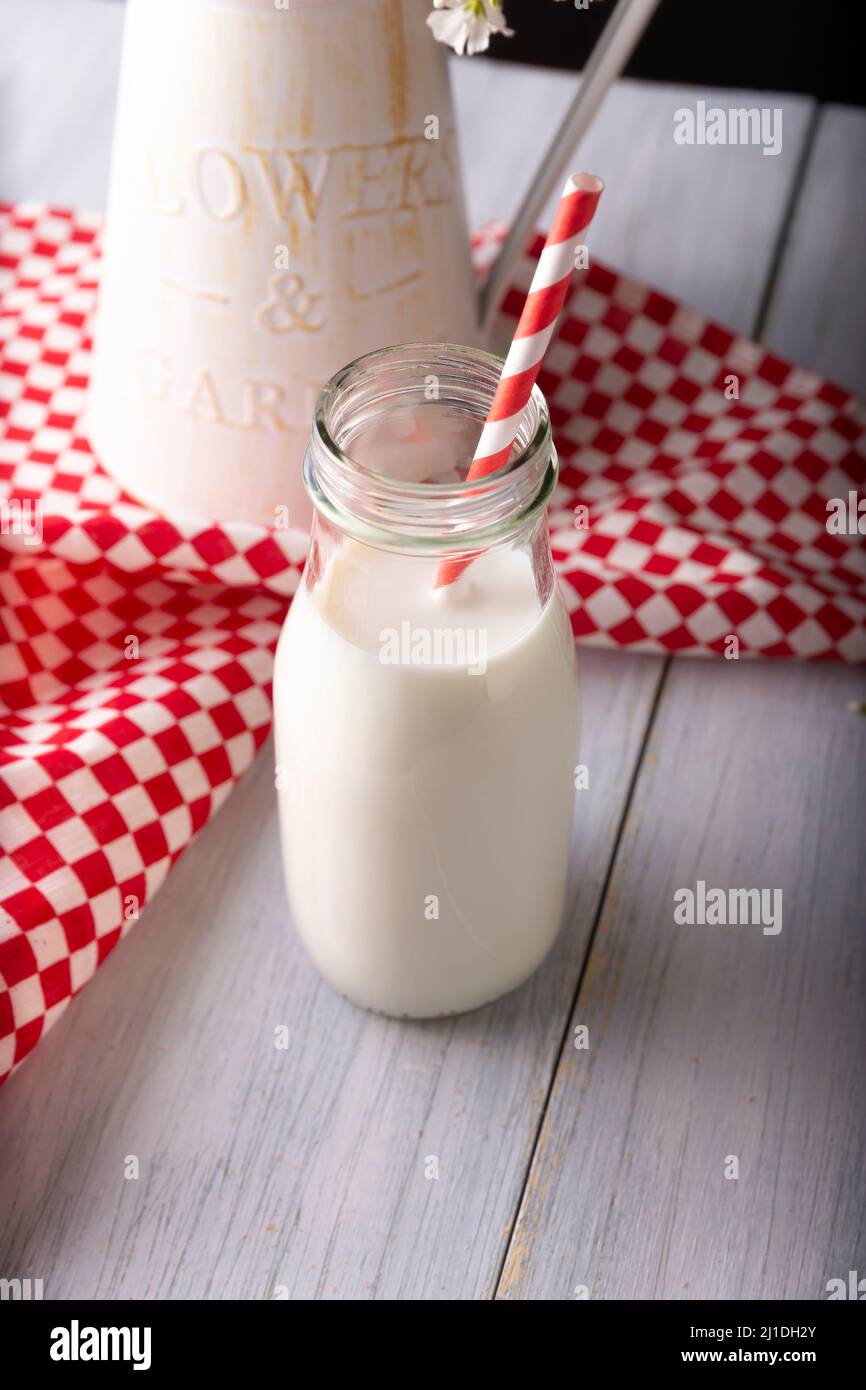 Latte fresco in bottiglietta di vetro con paglia di carta bianca e rossa biodegradabile su superficie bianca rustica in legno Foto Stock