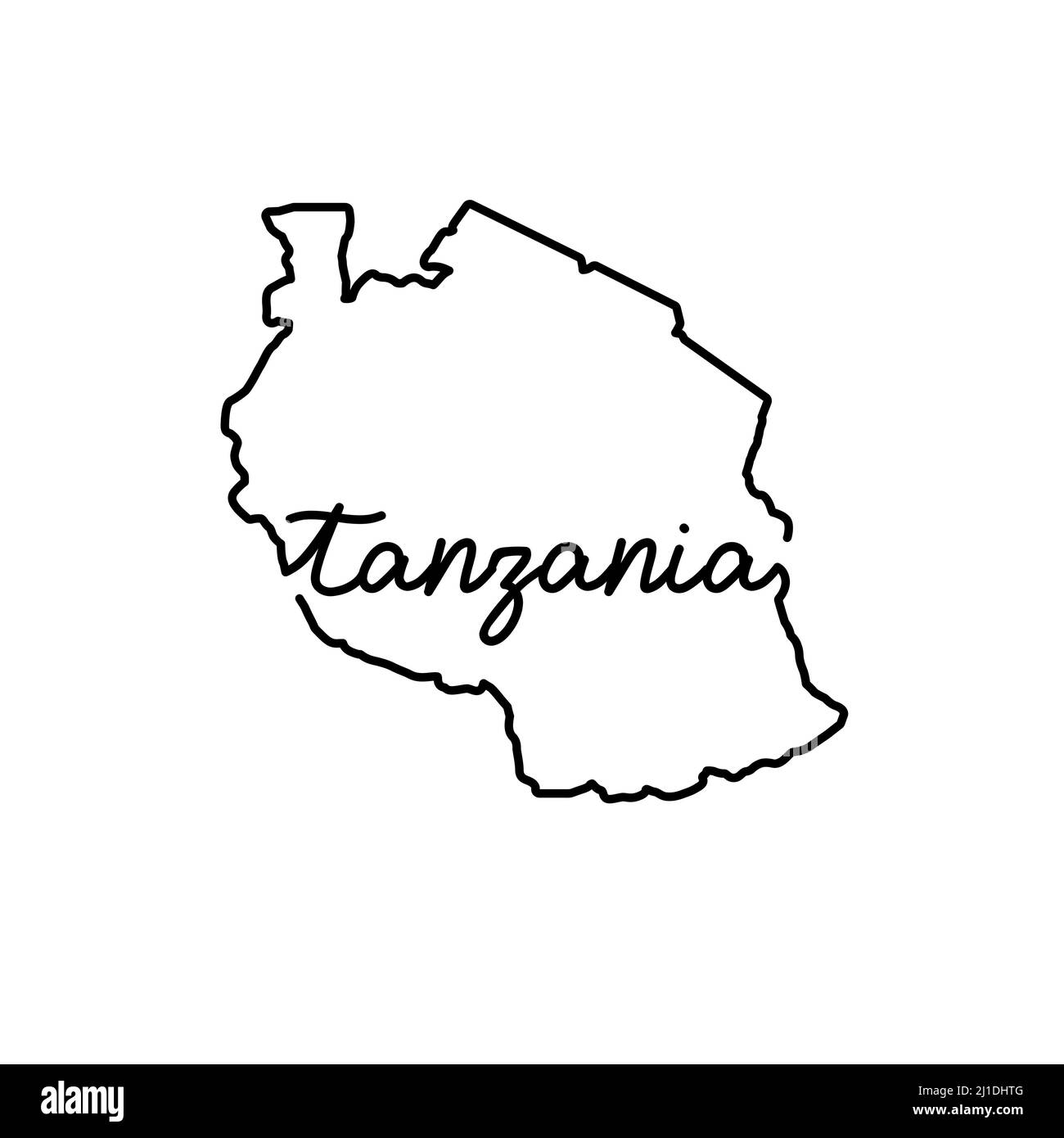 Mappa del profilo della Tanzania con il nome del paese scritto a mano. Linea continua di segno di casa patriottica. Un amore per una piccola patria. T-shirt stampa ide Illustrazione Vettoriale