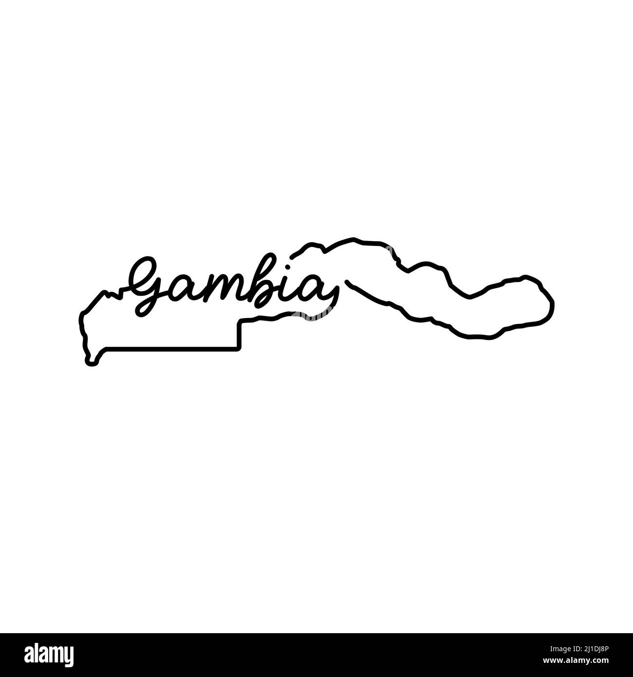 Mappa del profilo Gambia con il nome del paese scritto a mano. Linea continua di segno di casa patriottica. Un amore per una piccola patria. T-shirt stampa idea. Illustrazione Vettoriale