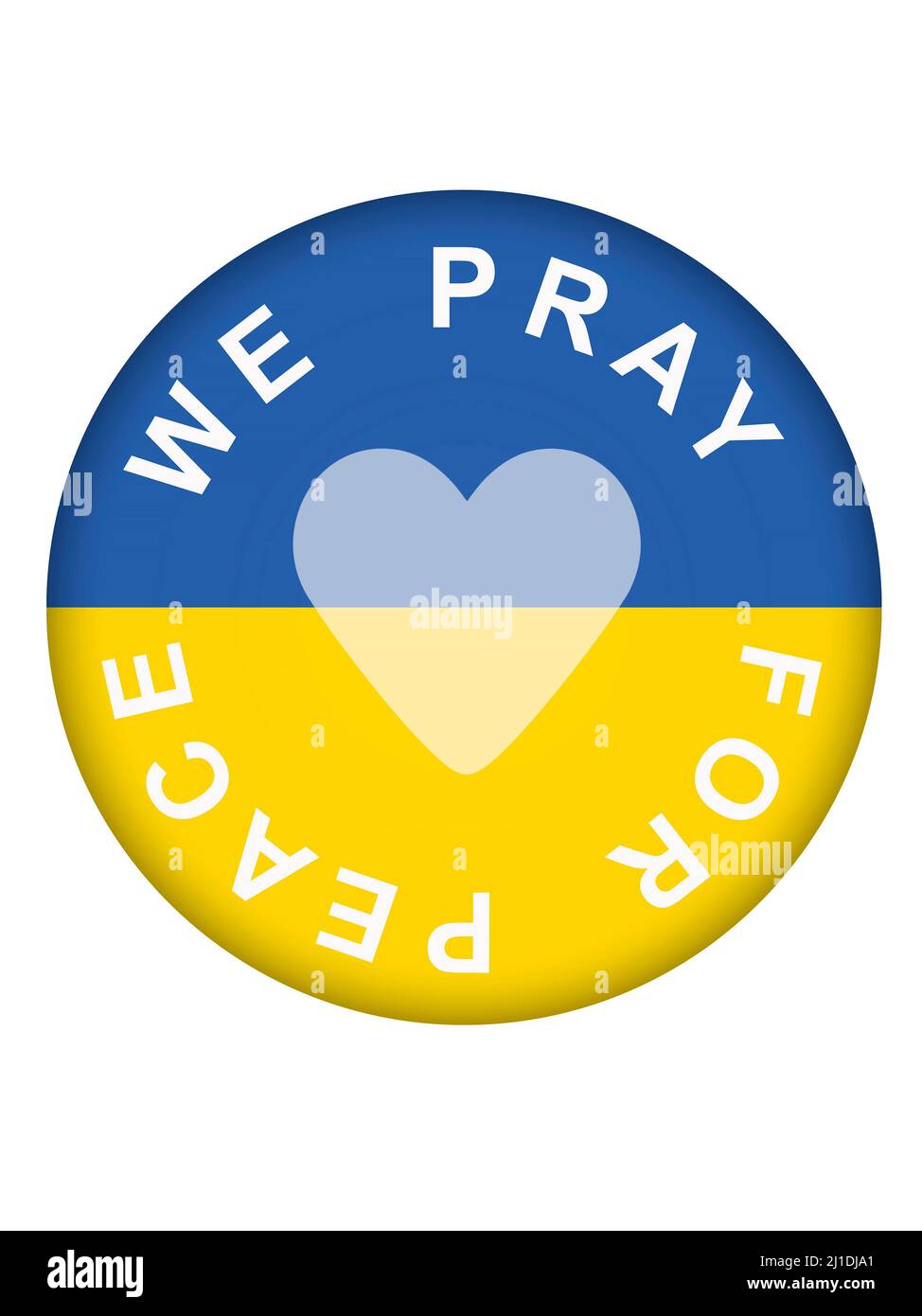 Pulsante rotondo con bandiera Ucraina, cuore e messaggio preghiamo per la pace su bianco Foto Stock