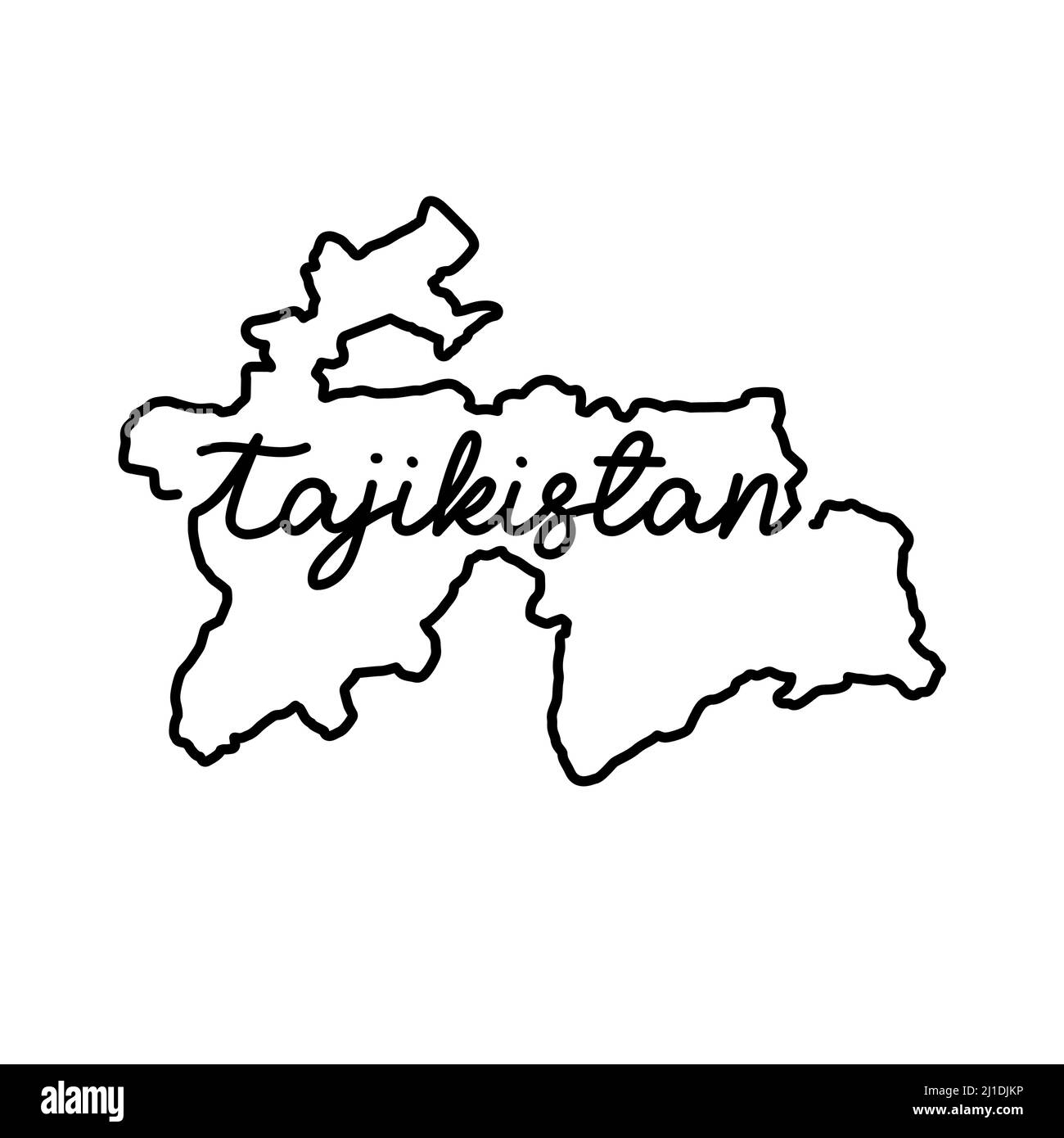 Mappa del Tagikistan con il nome del paese scritto a mano. Linea continua di segno di casa patriottica. Un amore per una piccola patria. T-shirt stampa i Illustrazione Vettoriale