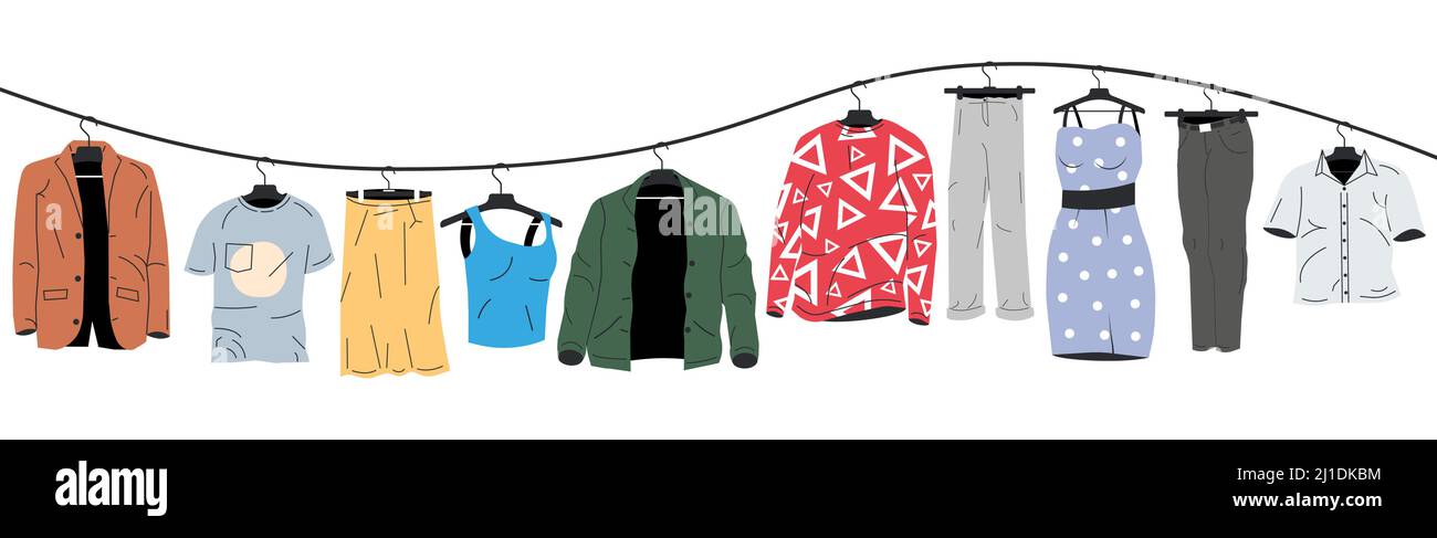 Abbigliamento uomo e donna su Hanger. Illustrazione Vettoriale