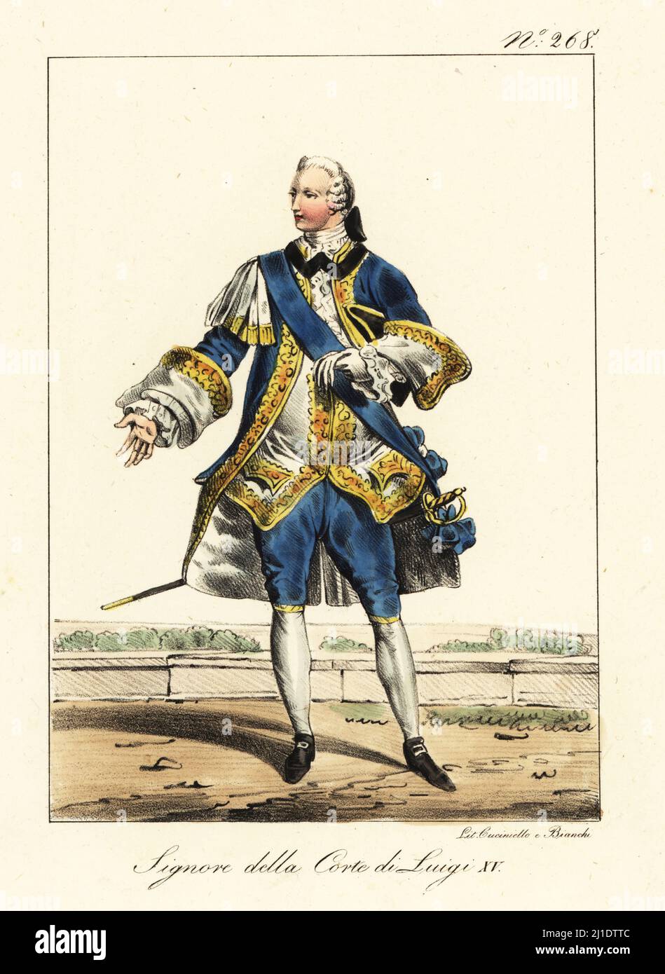 Costume di un nobile alla corte del re Luigi XV di Francia. In polvere di  parrucca, cappotto, gilet e braghe riccamente decorate con merletti e  ricami d'oro. Con scarpe con fibbia e