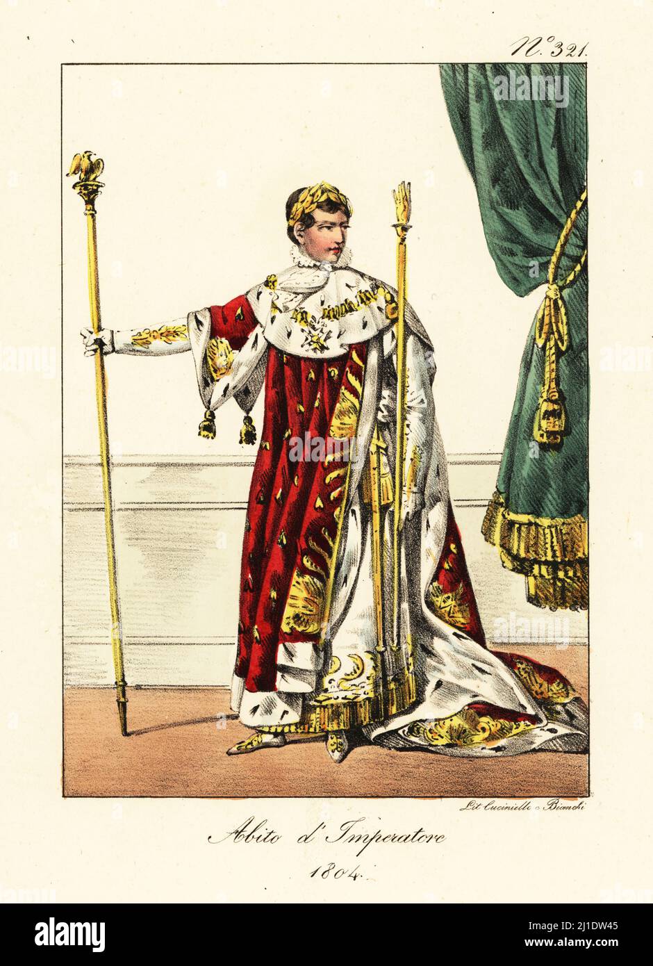 Napoleone Bonaparte in abiti cerimoniali dell'imperatore di Francia, 1804. Con corona d'oro, mantello in velluto rosso con rifiniture in ermine e ricamo in oro, abiti bianchi, scettro in oro e aquila. Costume de l'Empereur 1804. Dopo l'intervento di Francesco Gérard. Litografia a mano di Lorenzo Bianchi e Domenico Cuciniello dopo Ippolite Lecomte di Costumi civili e militanti della monarchia francese dal 1200 al 1820, Napoli, 1825. Edizione italiana dei costumi civili e militari della monarchia francese di Lecomte dal 1200 al 1820. Foto Stock